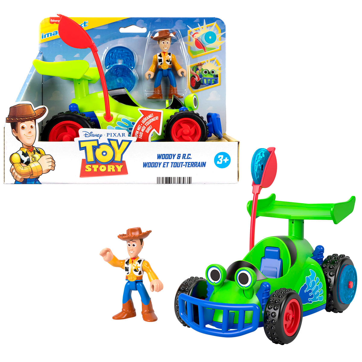 Figura de Woody y coche teledirigido verde con alas. En embalaje de tienda de juguetes.