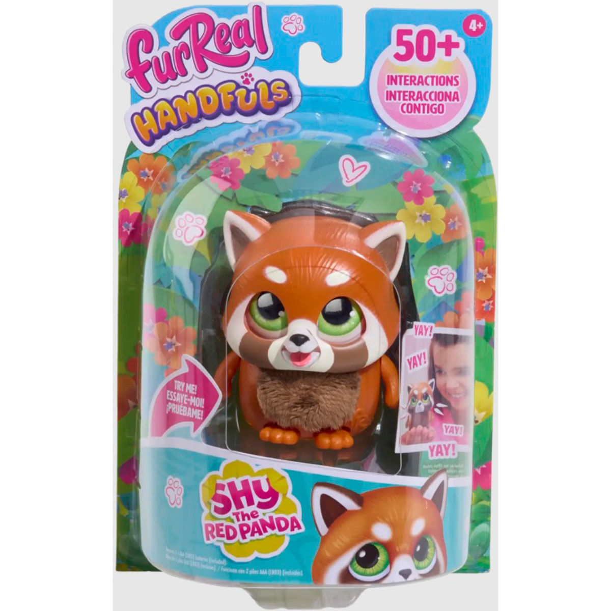Un juguete de panda rojo en un empaque, etiquetado "FurReal Handfuls".