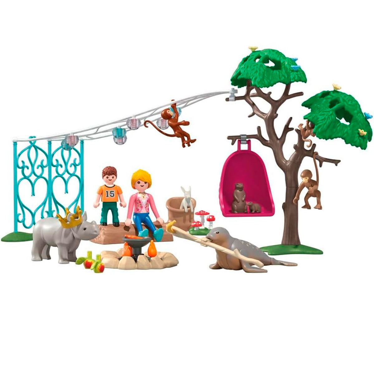 Escena de zoológico Playmobil con rinoceronte, personas, monos, foca y árbol.