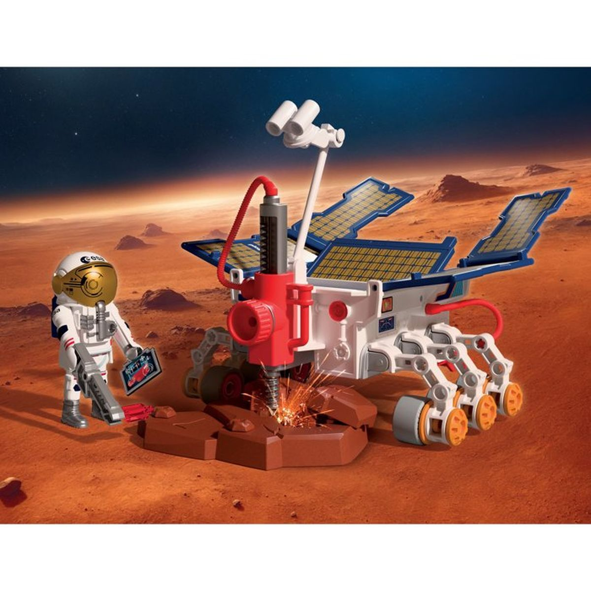 Un astronauta junto a un rover marciano perforando roca. Paisaje marciano al fondo.