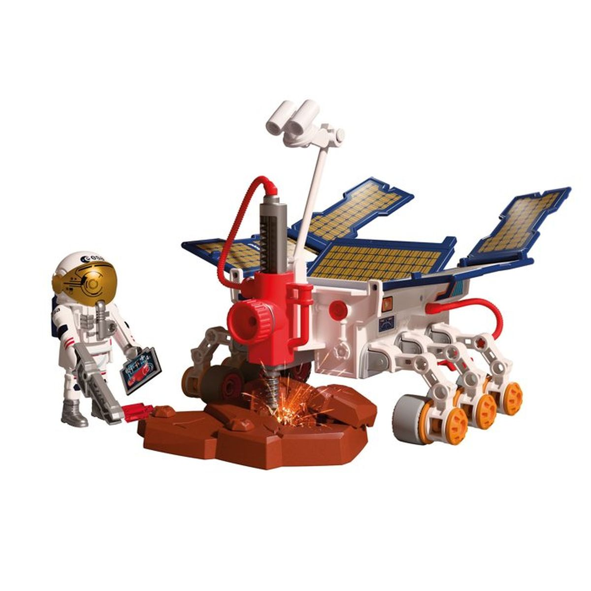 Astronauta con taladro y rover en Marte. Chispas vuelan del taladro.