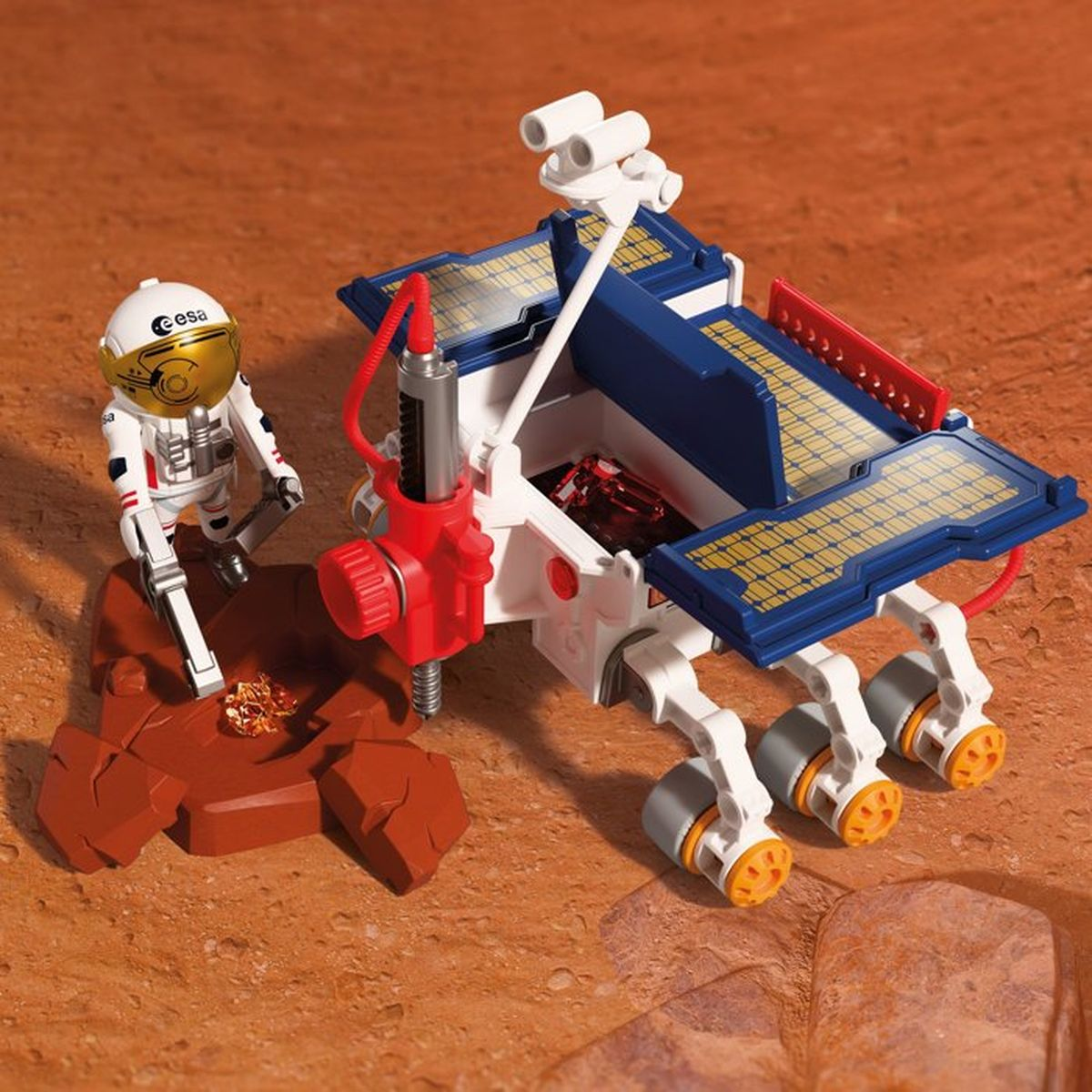 Un astronauta junto a un rover marciano con paneles solares sobre terreno rocoso.