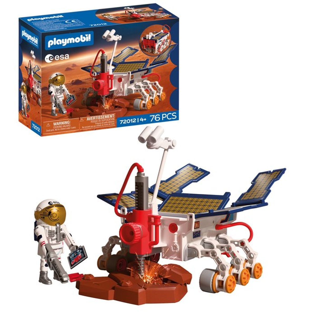 Juguete de rover marciano Playmobil con figura de astronauta y taladro en suelo rojo.