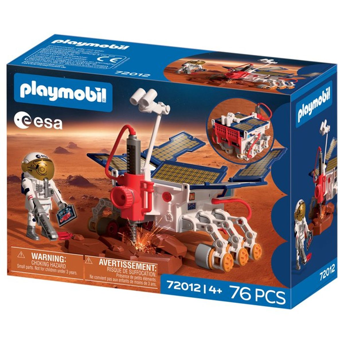 Caja de juguete Playmobil Mars Rover con astronauta y rover en planeta rojo.