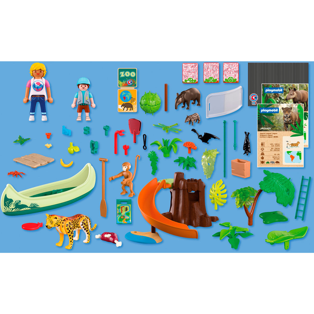 Parque de juegos del zoo con figuras, animales, bote y tobogán.