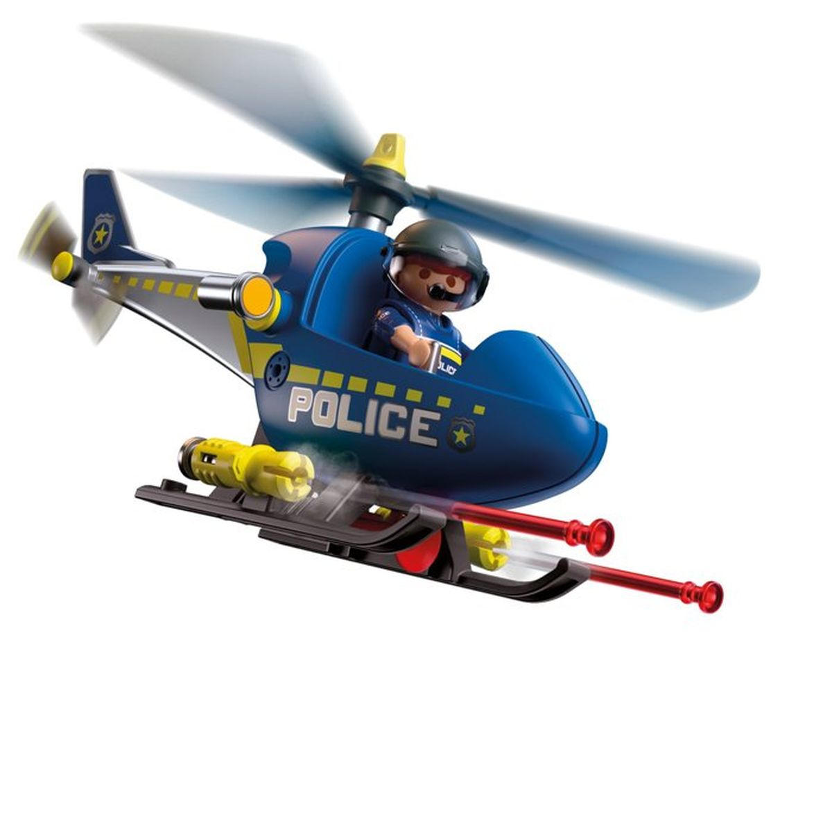 Un helicóptero de juguete azul de policía con un piloto sosteniendo dos cañones rojos.
