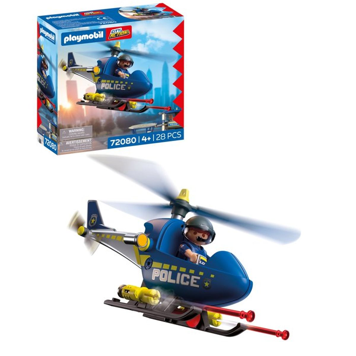 Un helicóptero de policía Playmobil azul y amarillo con piloto, sobre fondo blanco.