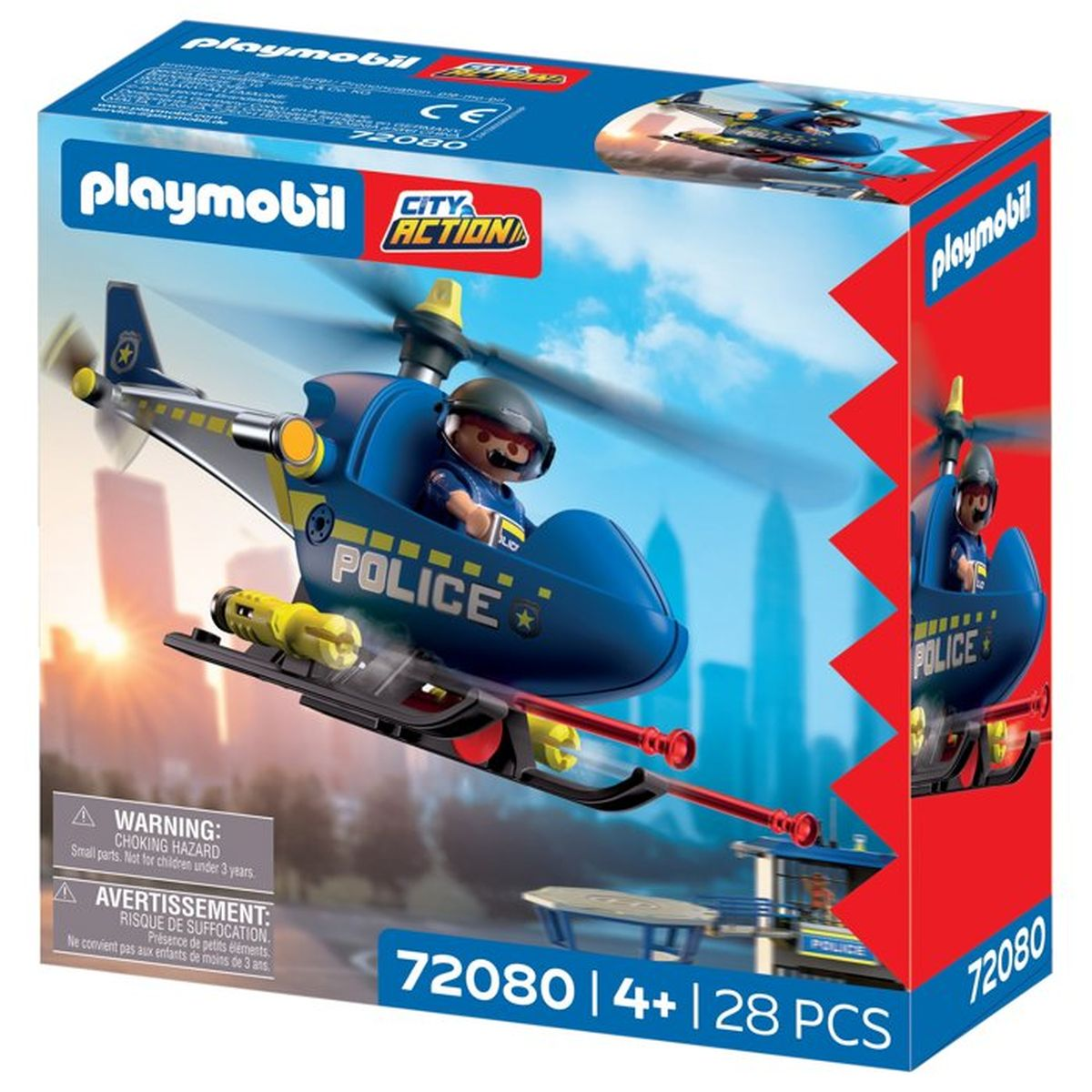 Helicóptero de policía Playmobil con figura y accesorios en caja.