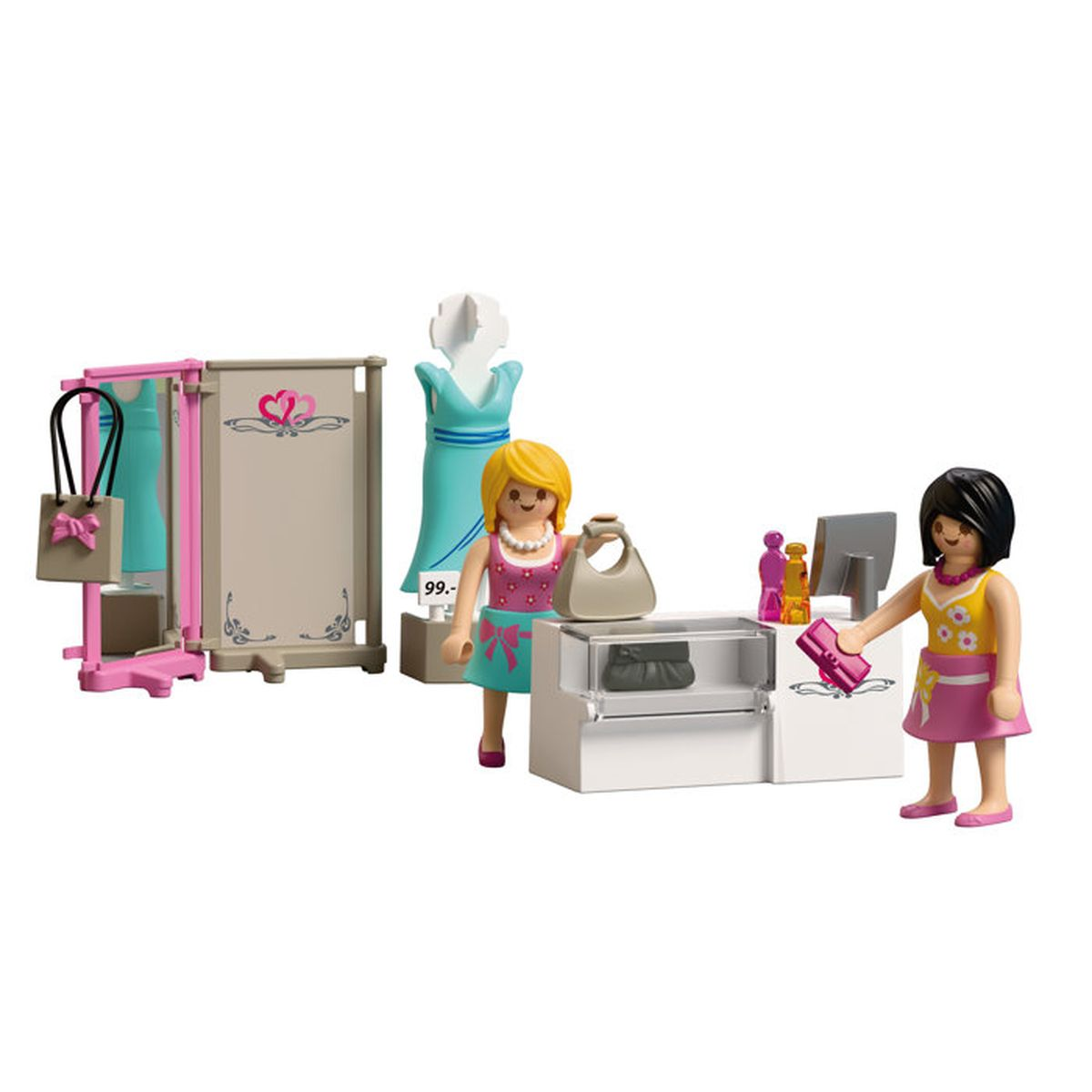 Figuras Playmobil en una tienda: cajera, clienta, expositor y perchero.