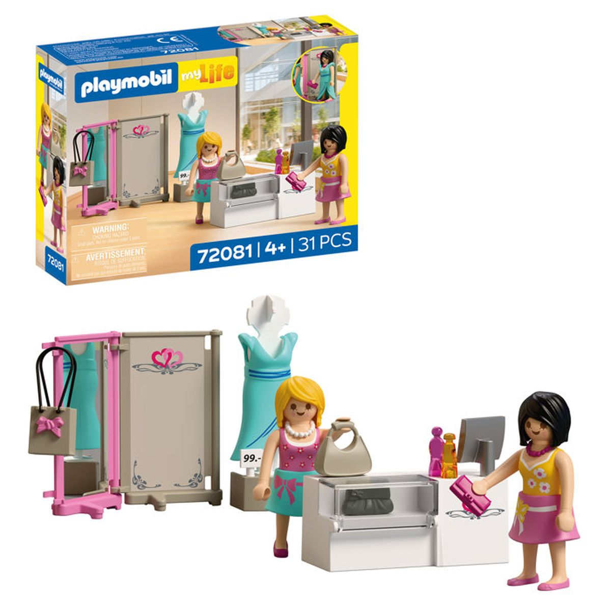Tienda Playmobil con dos figuras, mostrador, perchero y bolsos.