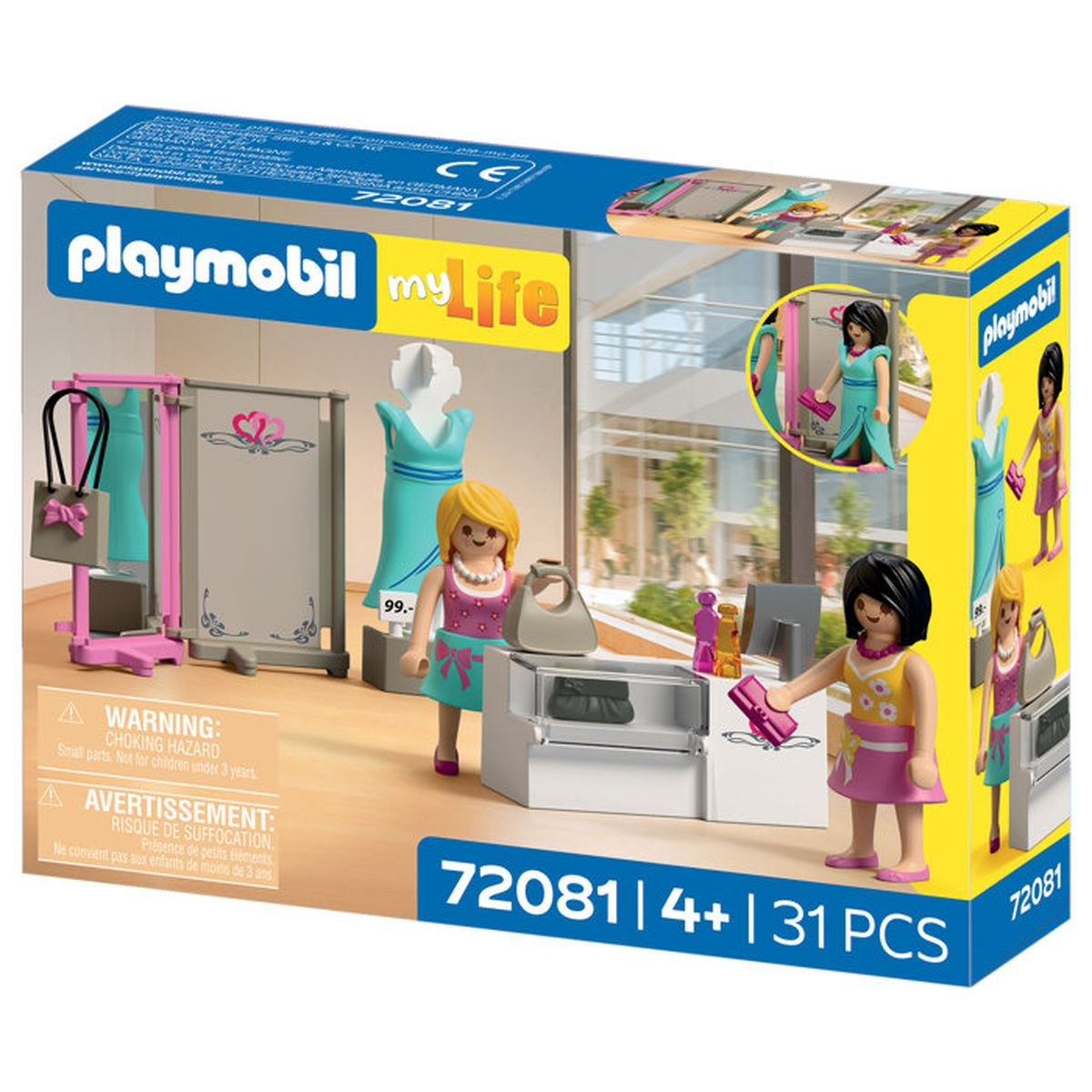 Tienda de moda Playmobil My Life con dos figuras, percheros y caja registradora.