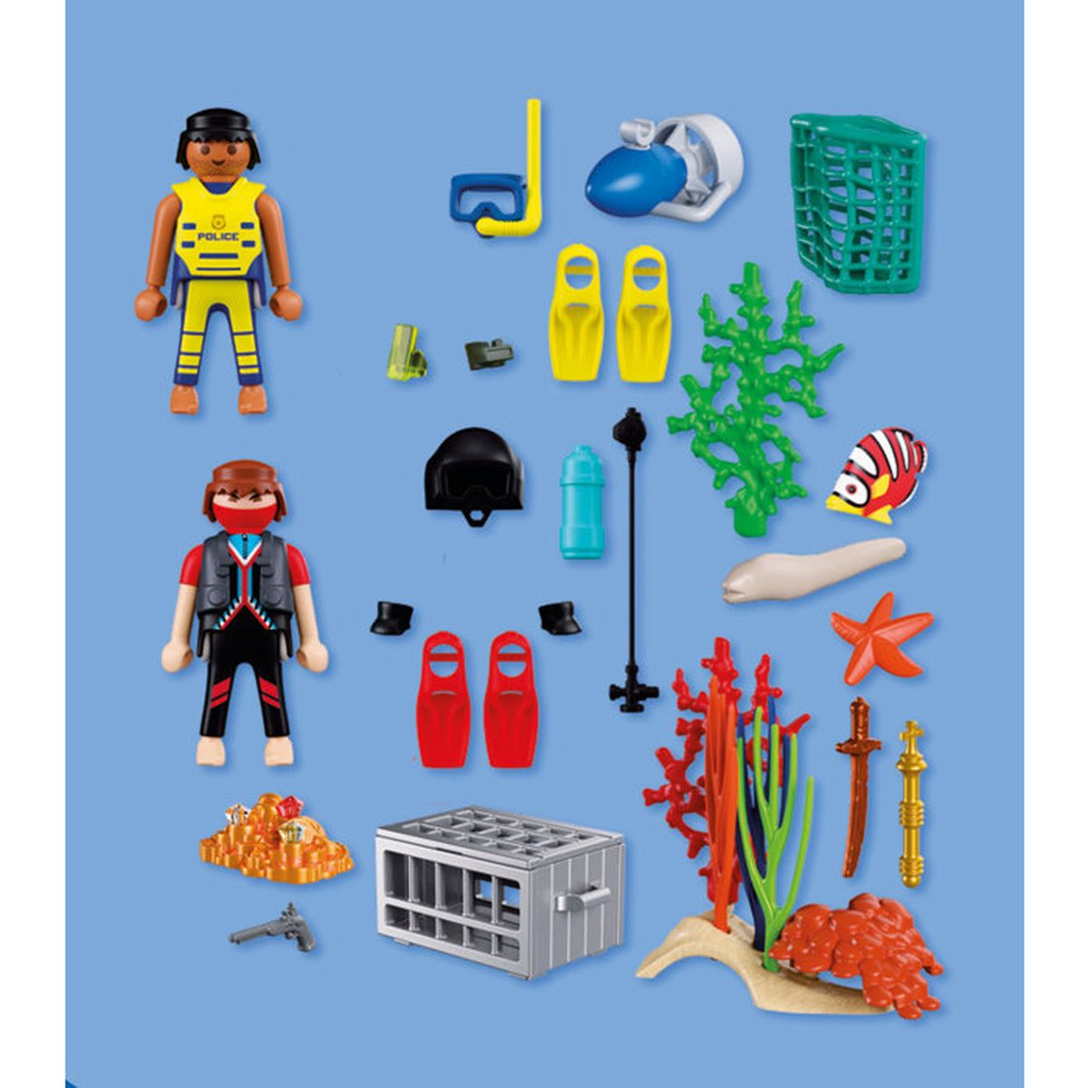 Buzo policía Playmobil, equipo de buceo, pez, coral, jaula y armas sobre fondo azul.