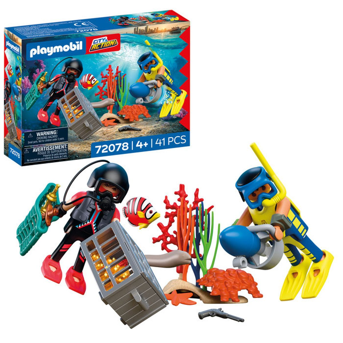 Set de buceo Playmobil con cofre, corales y dos figuras.