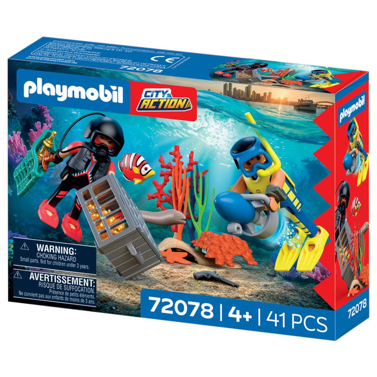 Buzos de Playmobil con cesta y vehículo submarino entre corales y peces.