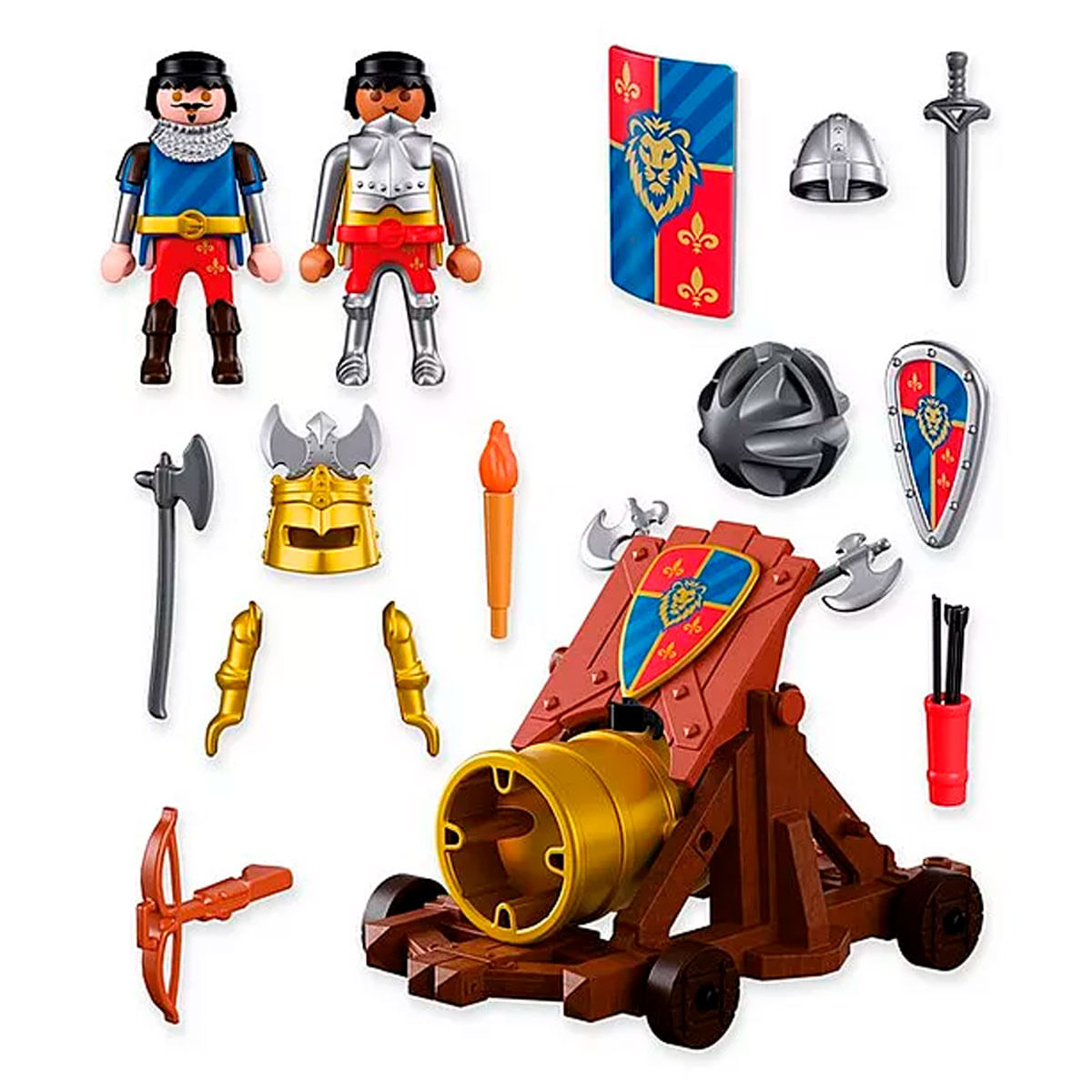 Caballeros de Playmobil con catapulta, escudos, armas y armadura sobre fondo blanco.