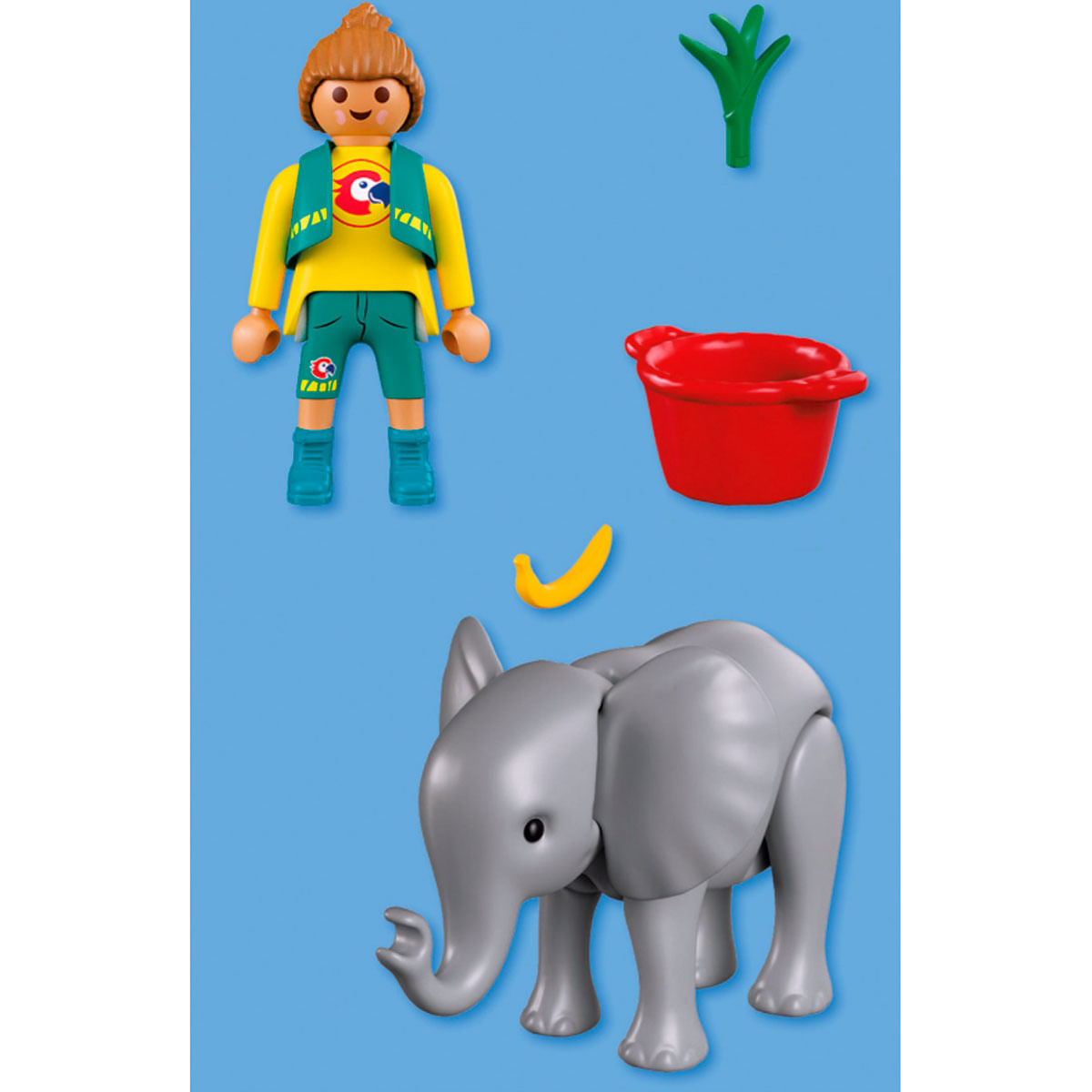 Un niño con chaleco, elefante, cubo, plátano y árbol sobre fondo azul.