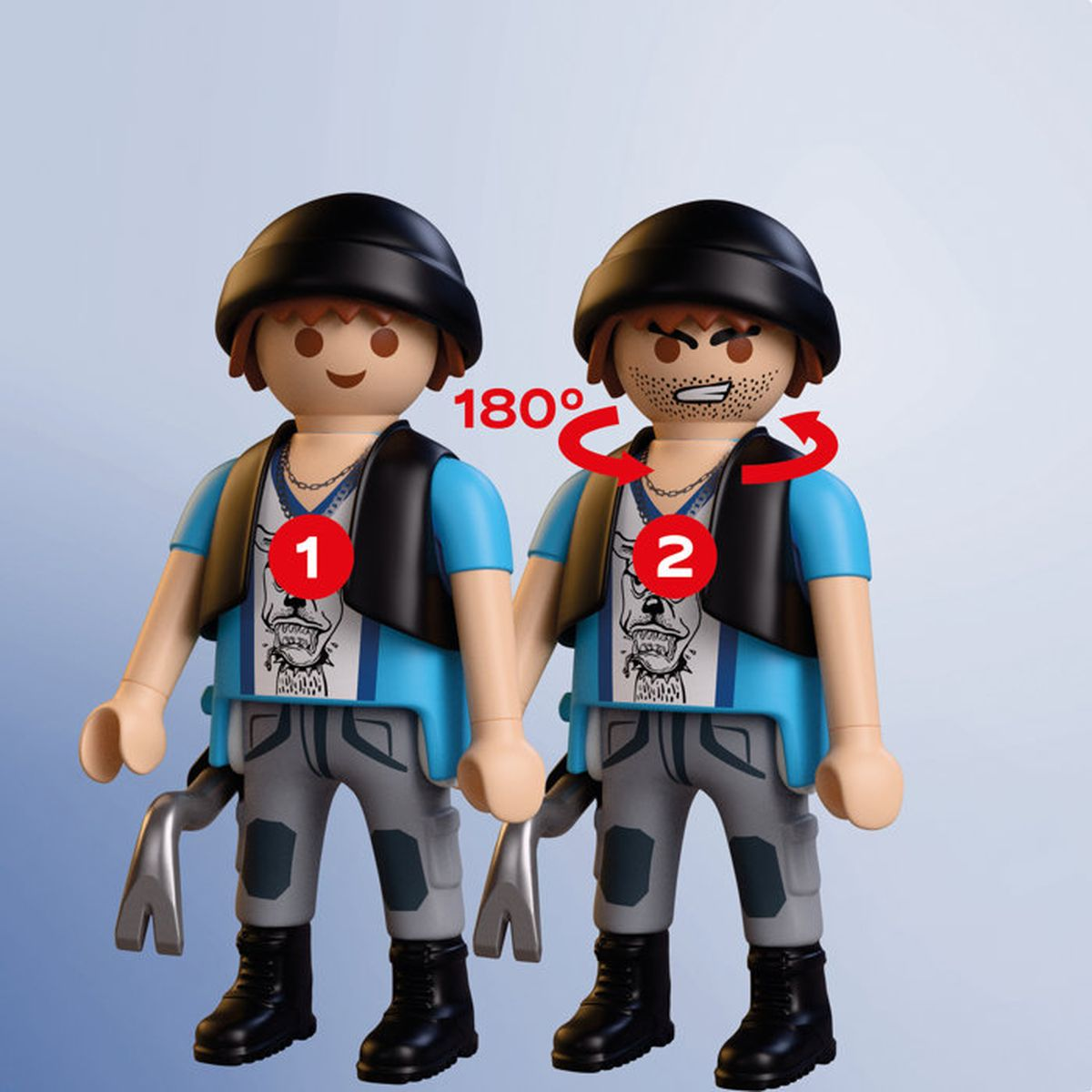 Dos figuras de juguete con herramientas. Una figura muestra rotación de 180 grados.