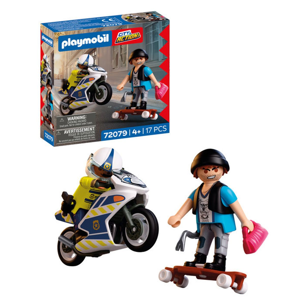 Set de policía Playmobil con motocicleta y skater. Chaleco amarillo, ropa azul.