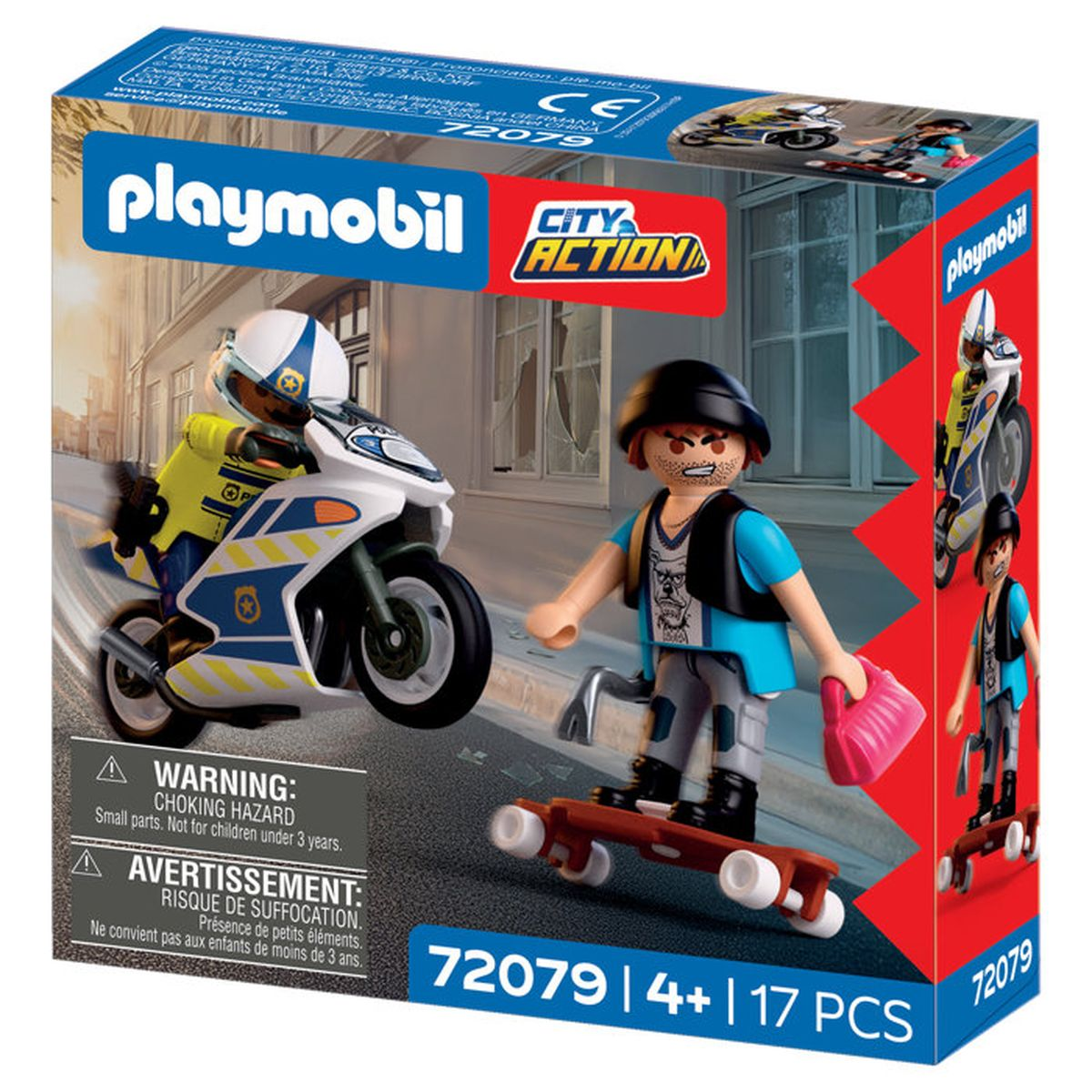 Set Playmobil: Policía en moto persigue a skater con herramienta y bolso.