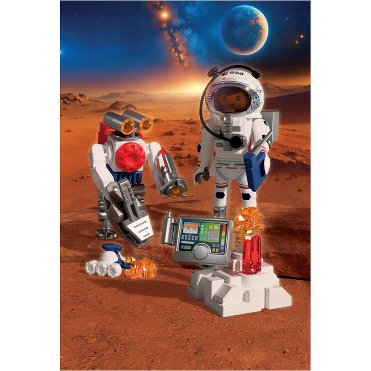 Astronauta y robot en Marte con panel de control, planetas y nebulosa en el cielo.