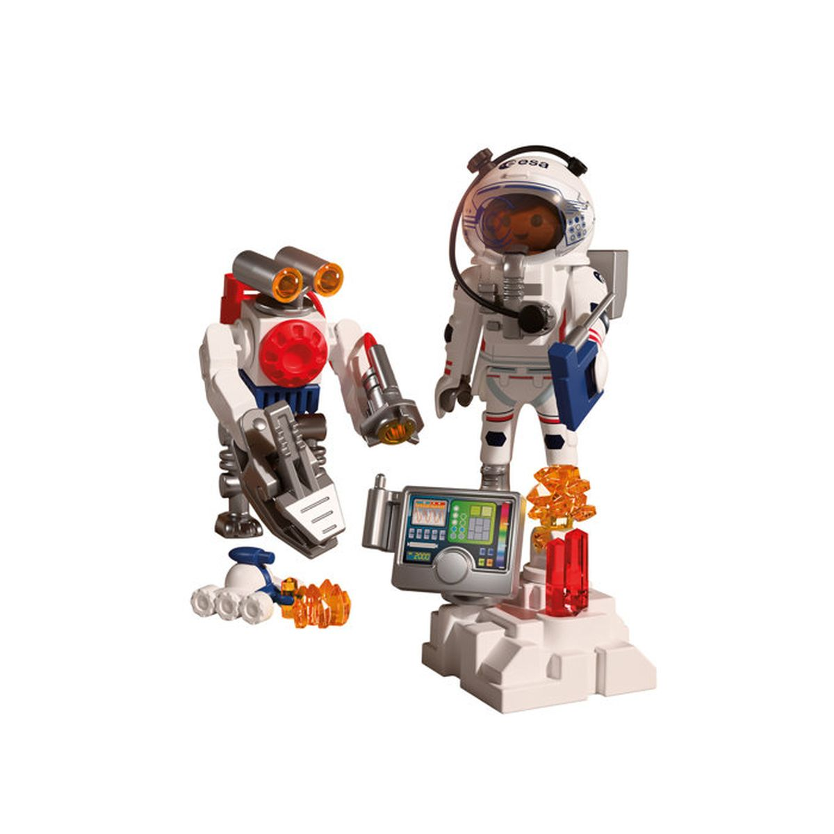 Un robot y un juguete de astronauta sobre superficie lunar blanca con panel de control.