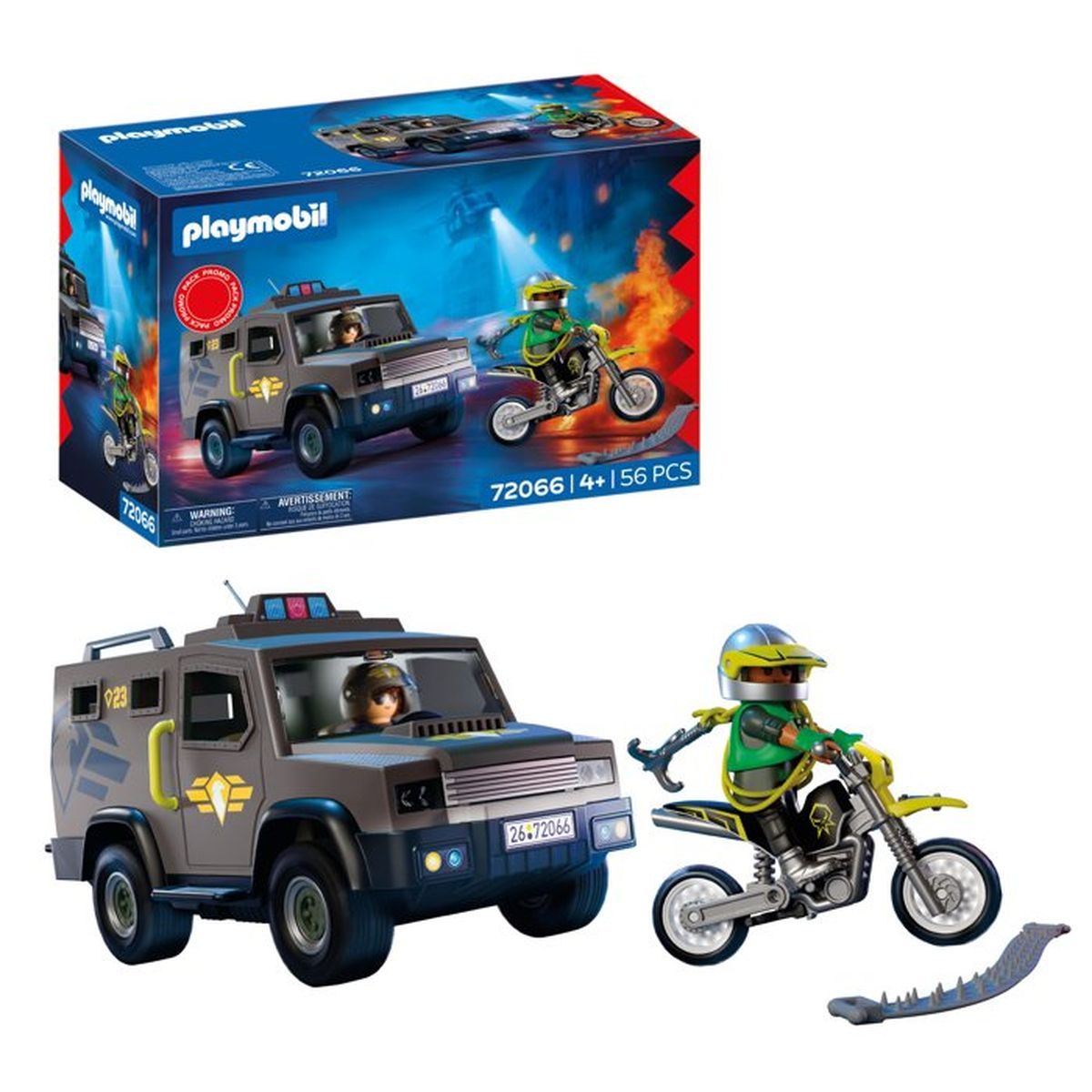 Set Playmobil con vehículo blindado, motociclista y triturador de neumáticos.