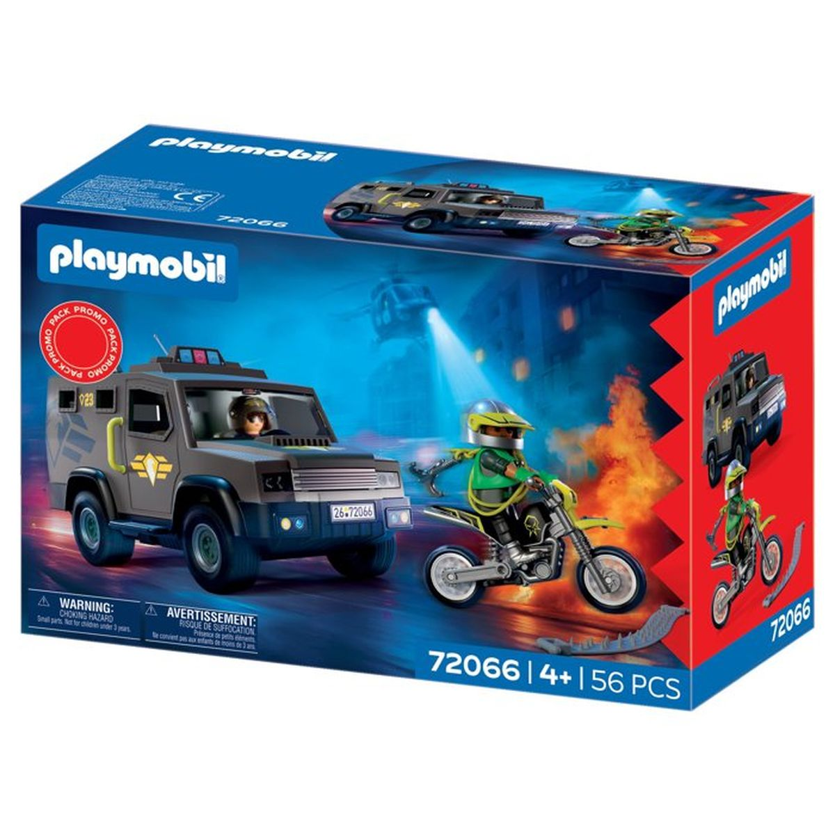 Set Playmobil: coche de policía, motocicleta y figuras en una caja azul.