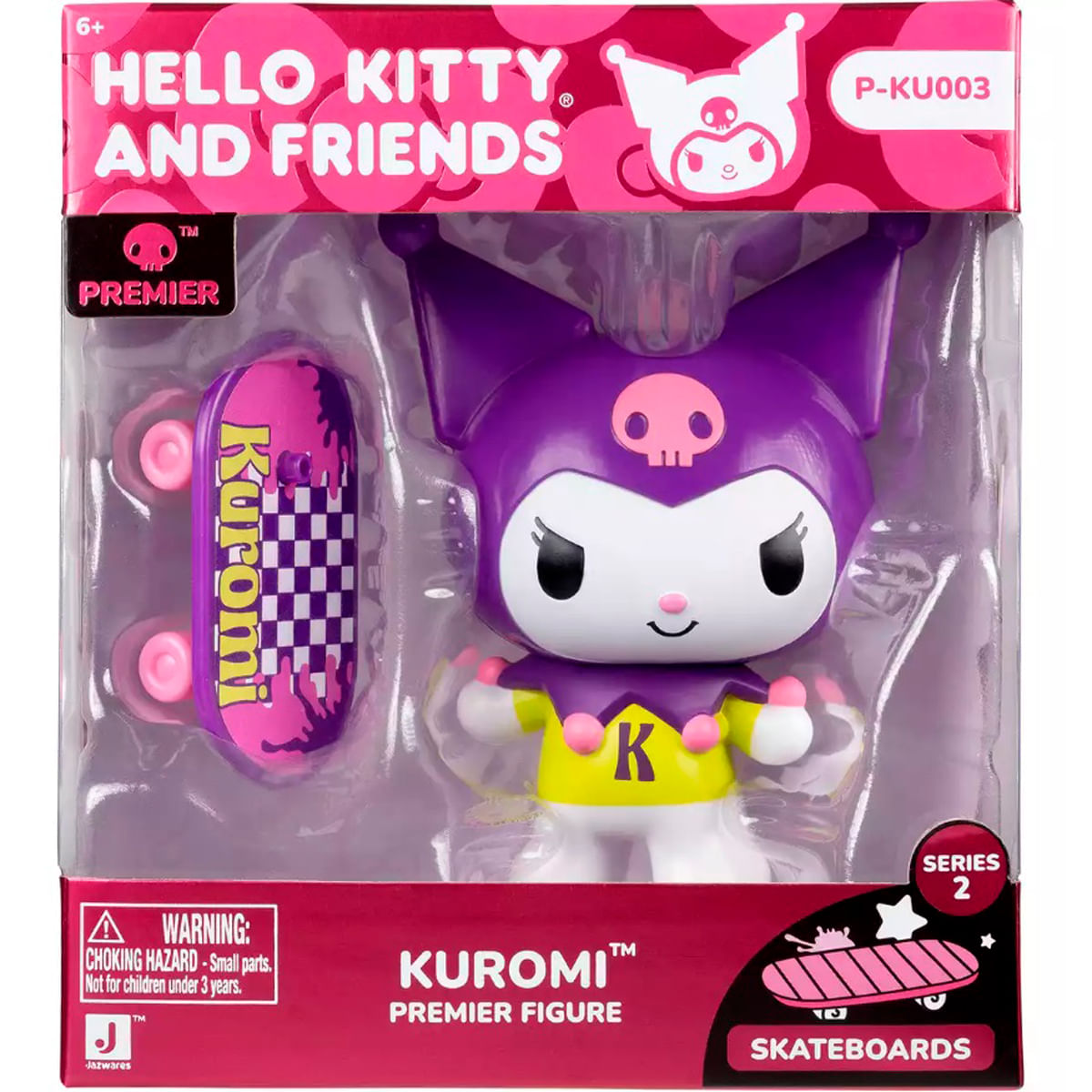 Una figura morada de Kuromi con un monopatín en su embalaje. Hello Kitty y Friends.