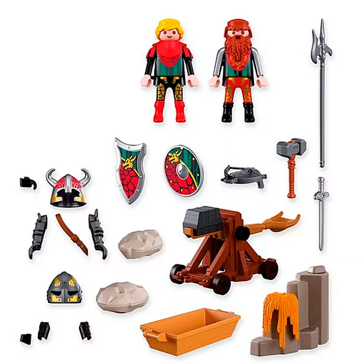 Dos figuras vikingas con armas, armadura y catapulta.