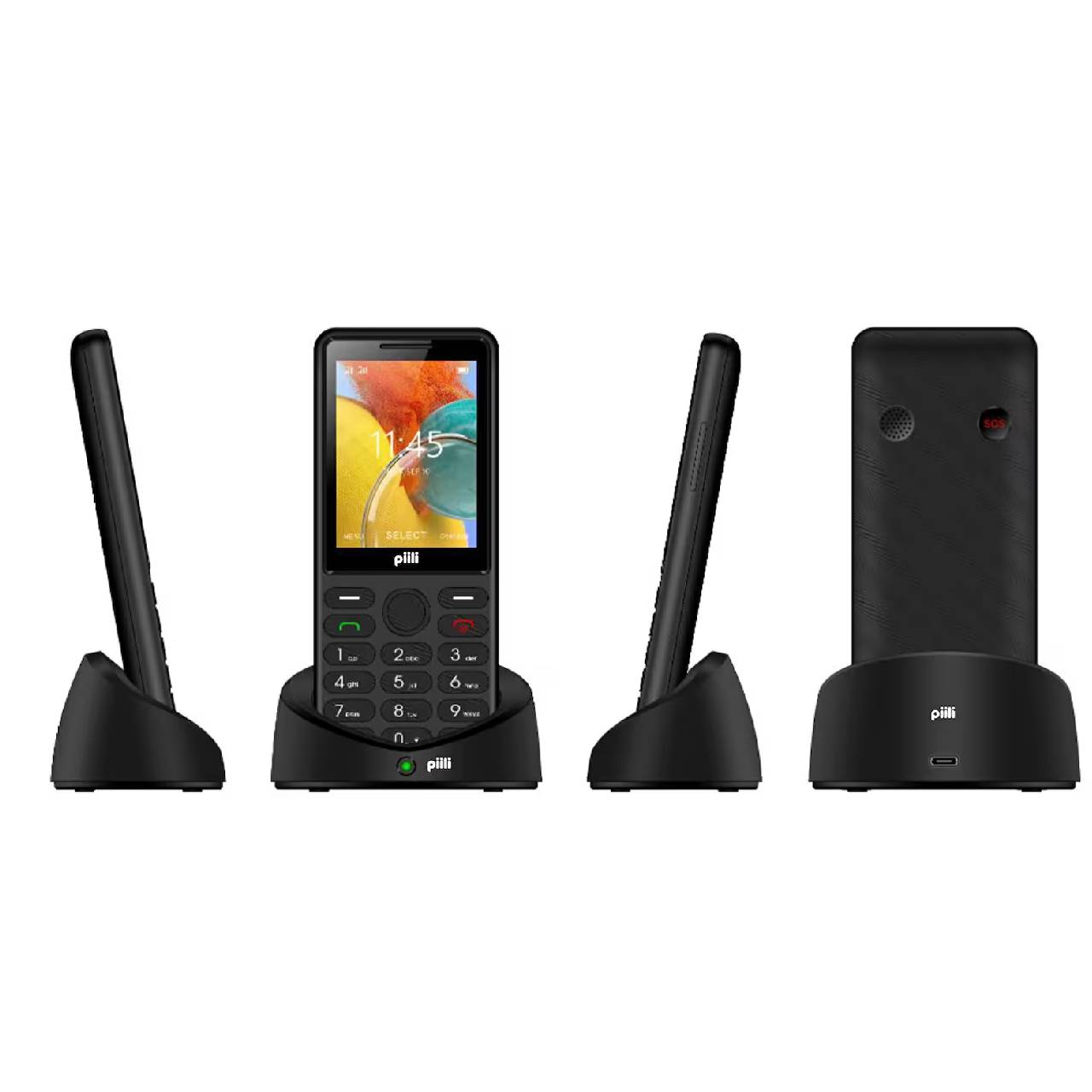 Tuş takımı ve şarj kontakları olan siyah Pilli cep telefonunun dört görünümü.