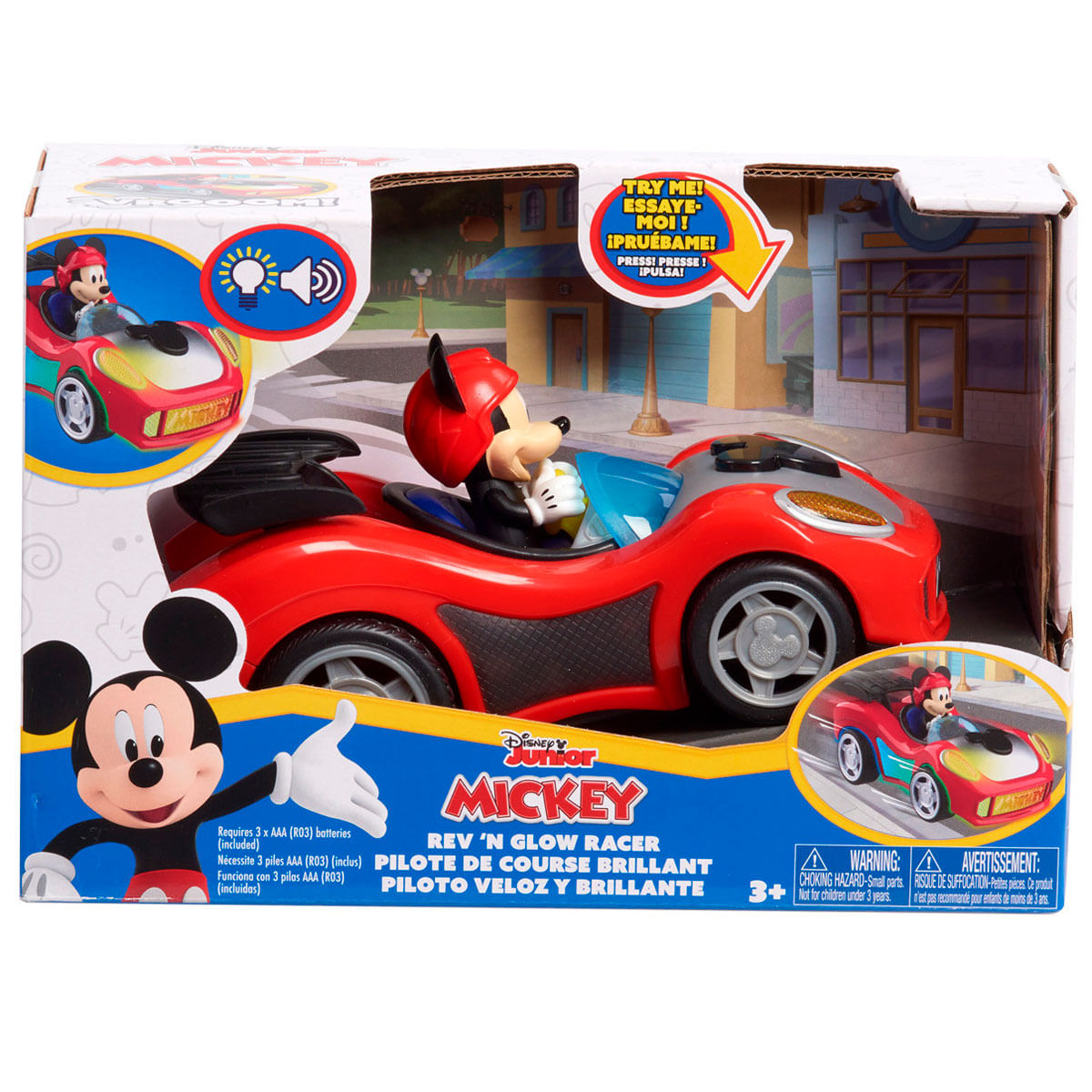 Mickey Mouse en un coche de carreras rojo en el embalaje, con luces y sonidos.