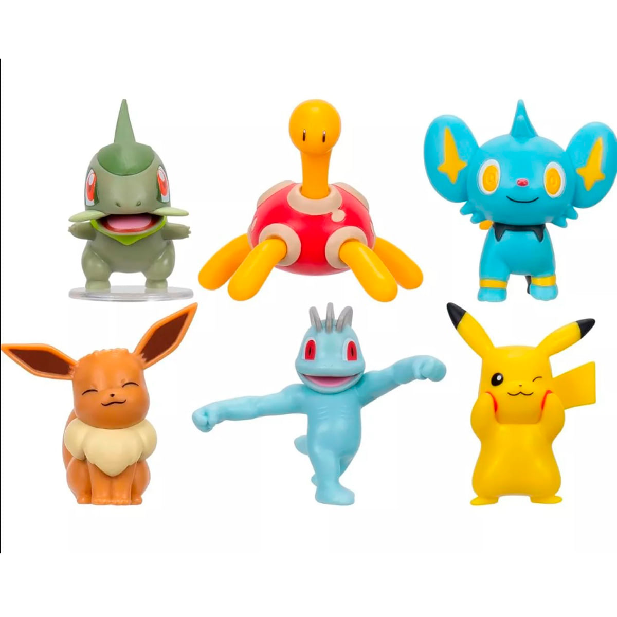 Cinco figuras de Pokémon: criaturas verdes, azules, amarillas, naranjas y celestes.