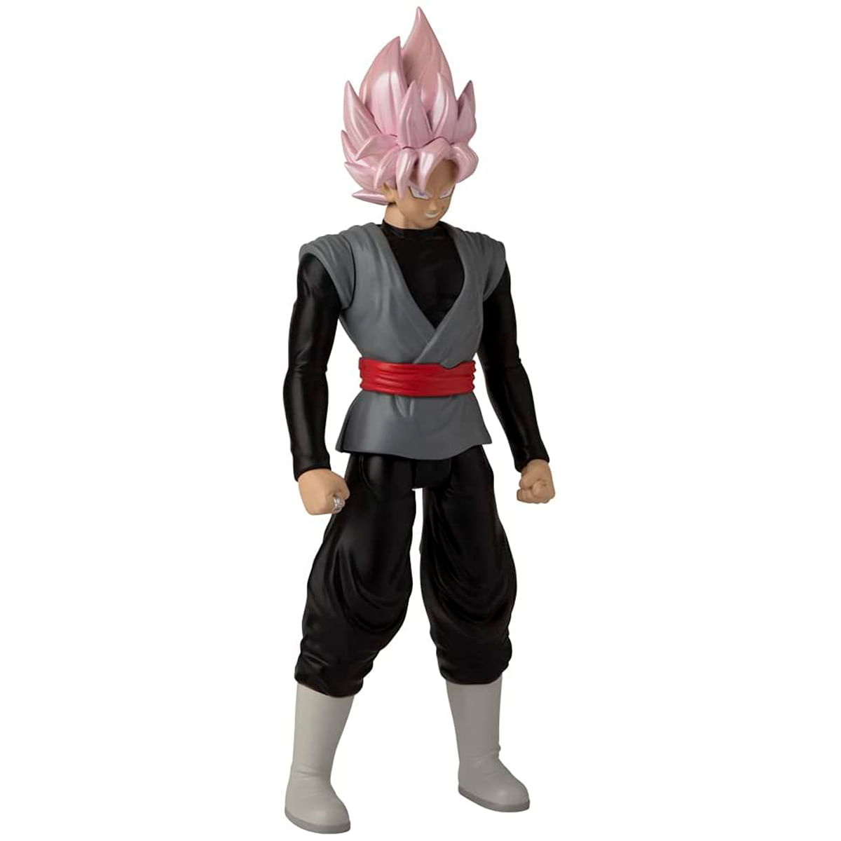 Figura de acción con pelo rosa, ropa negra y cinturón rojo.