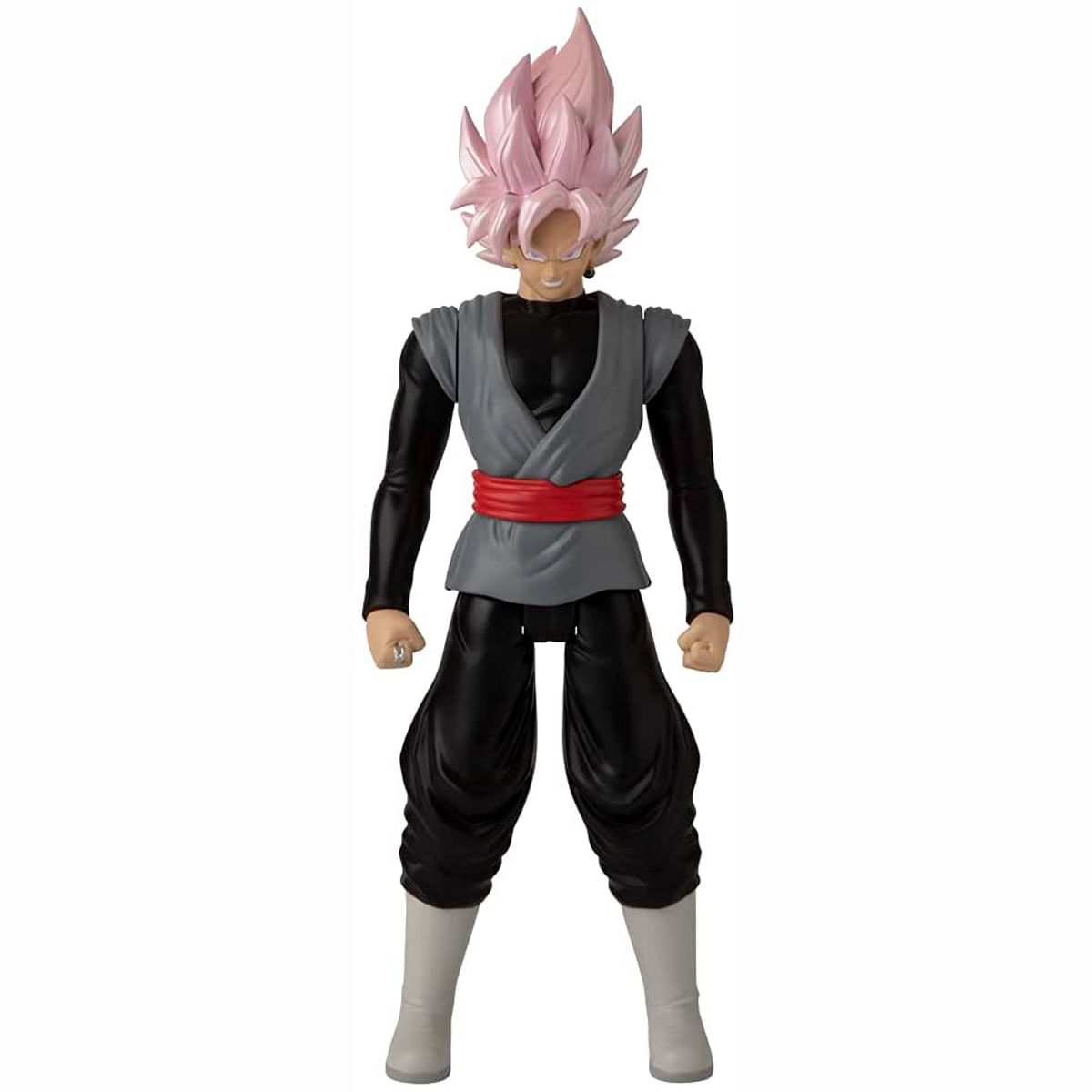 Figura de acción con pelo rosa, mangas negras, chaleco gris y fajín rojo.