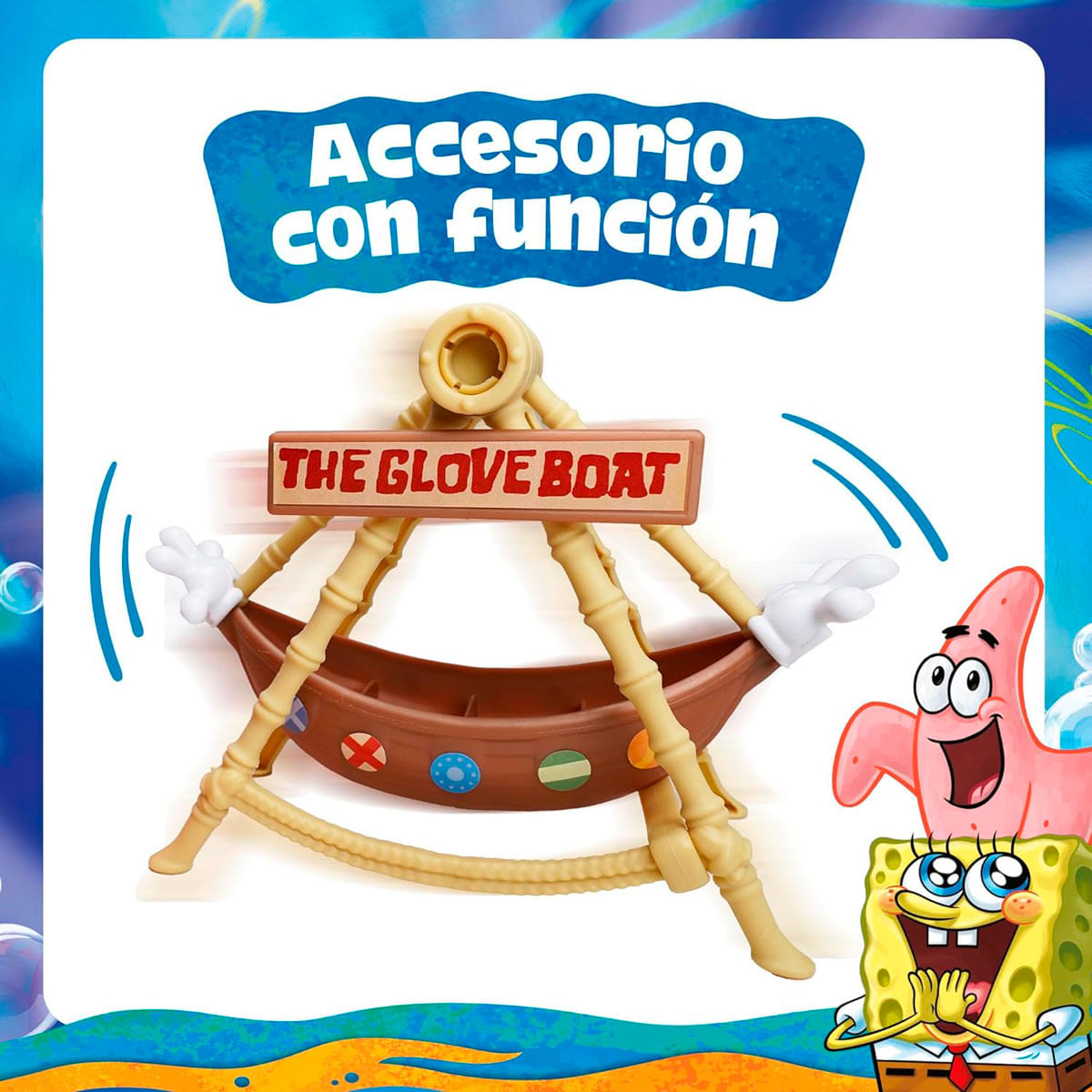 Bob Esponja y Patricio juegan con una atracción de juguete de barco.