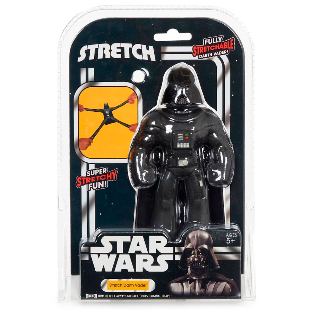 Un juguete elástico de Darth Vader en su embalaje original con logo de Star Wars.