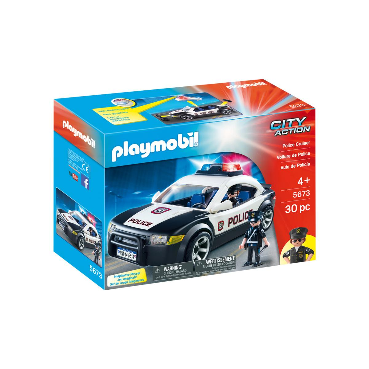 Set de policía Playmobil con coche de policía, figuras y accesorios.