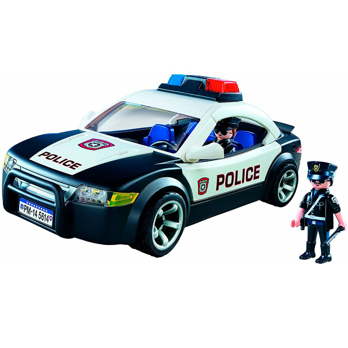 Un coche de policía de juguete con luces azules y un policía.