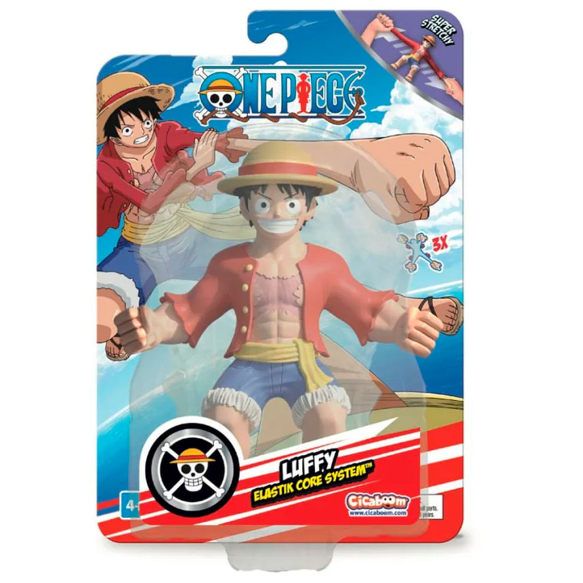 Juguete Luffy Elastik Core System en empaque. Rojo, azul, amarillo.