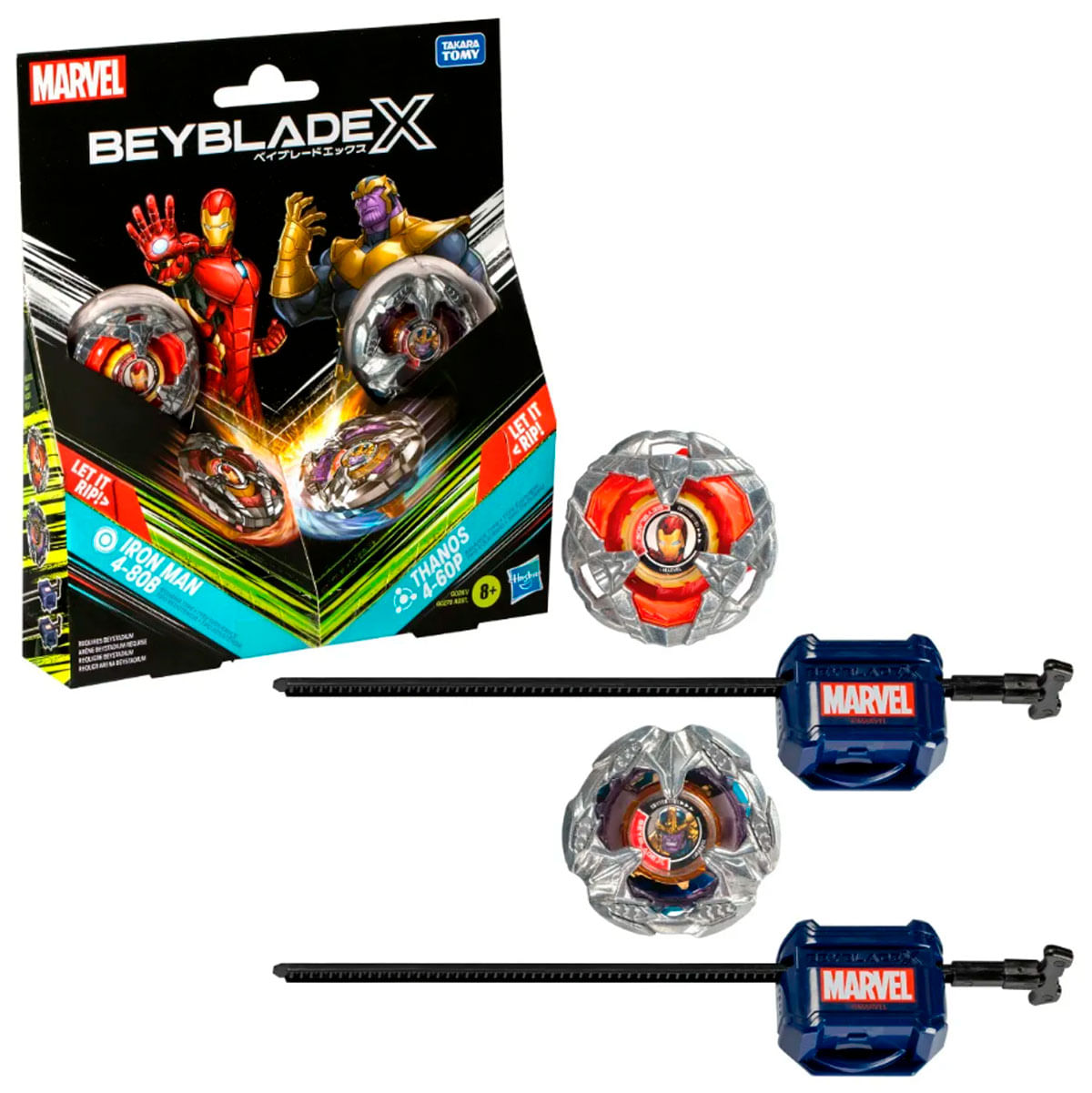 Beyblades temáticas de Marvel con Iron Man y Thanos.