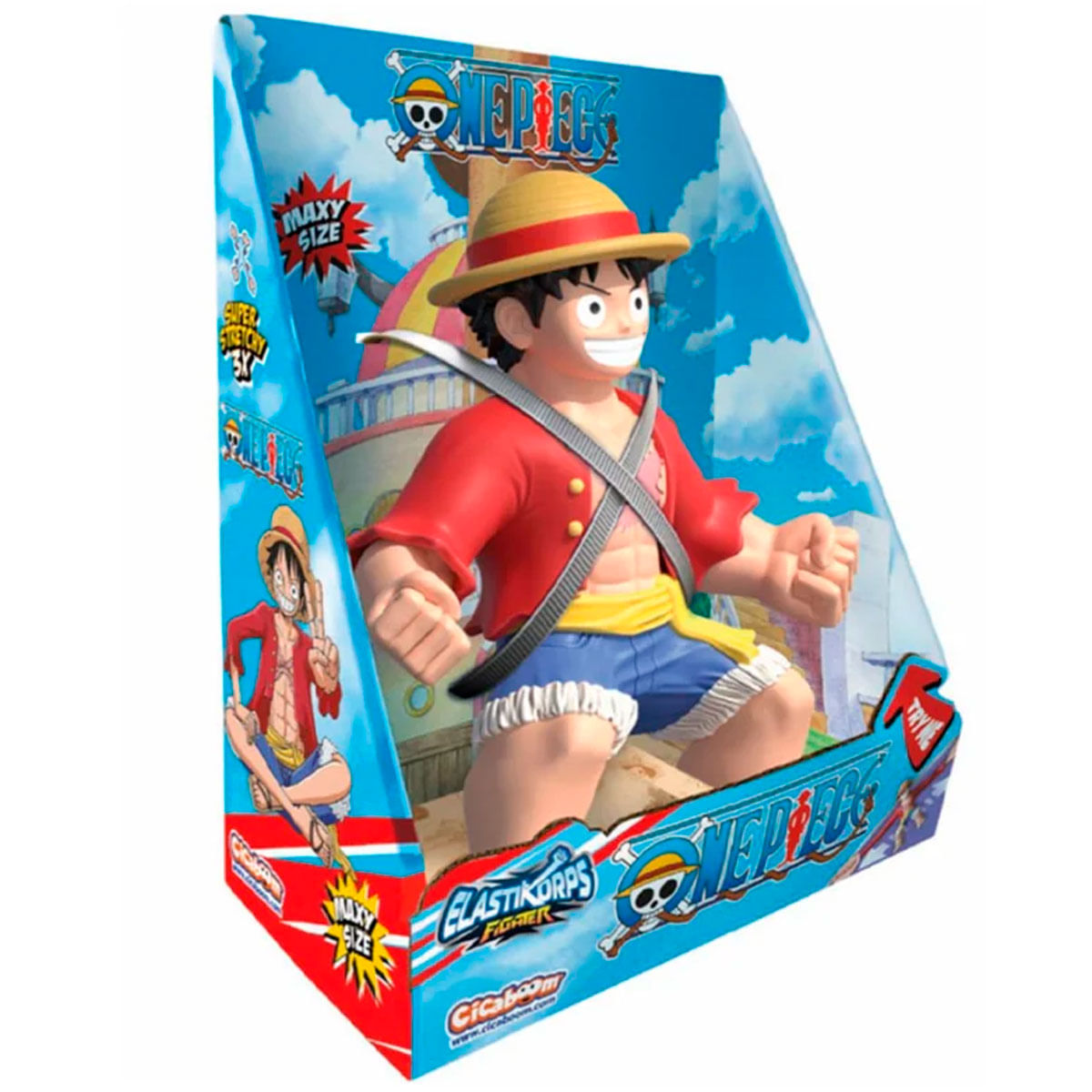 Una figura de acción de Monkey D. Luffy de One Piece Elastikorps en embalaje.