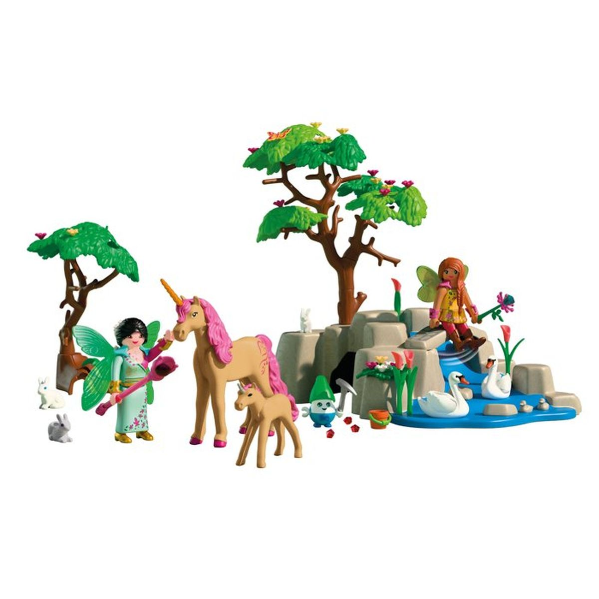 Hadas, unicornio, gnomos y cisnes en un paisaje de fantasía.