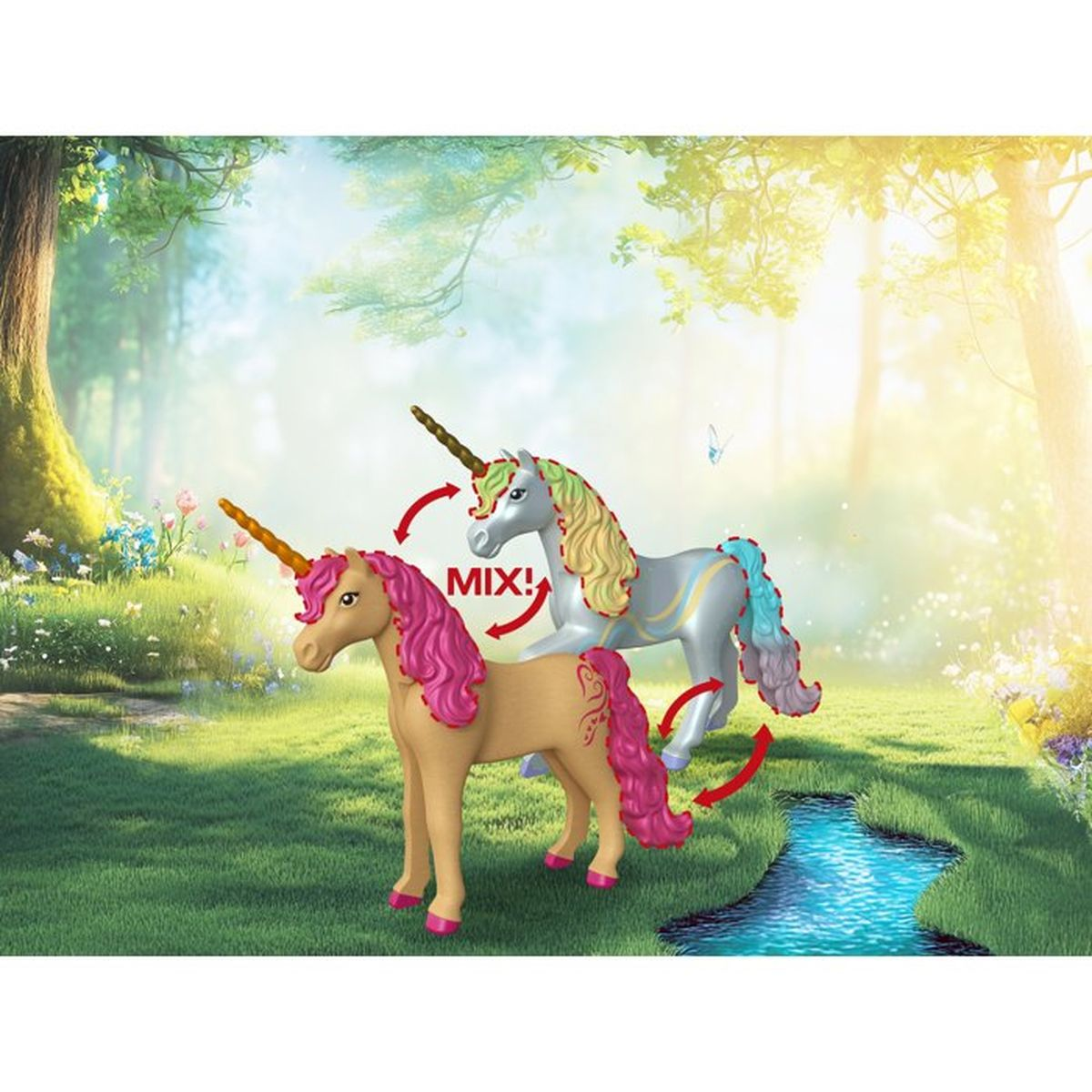 Dos unicornios de juguete, uno beige con crin rosa, uno gris con crin arcoíris, en un bosque.