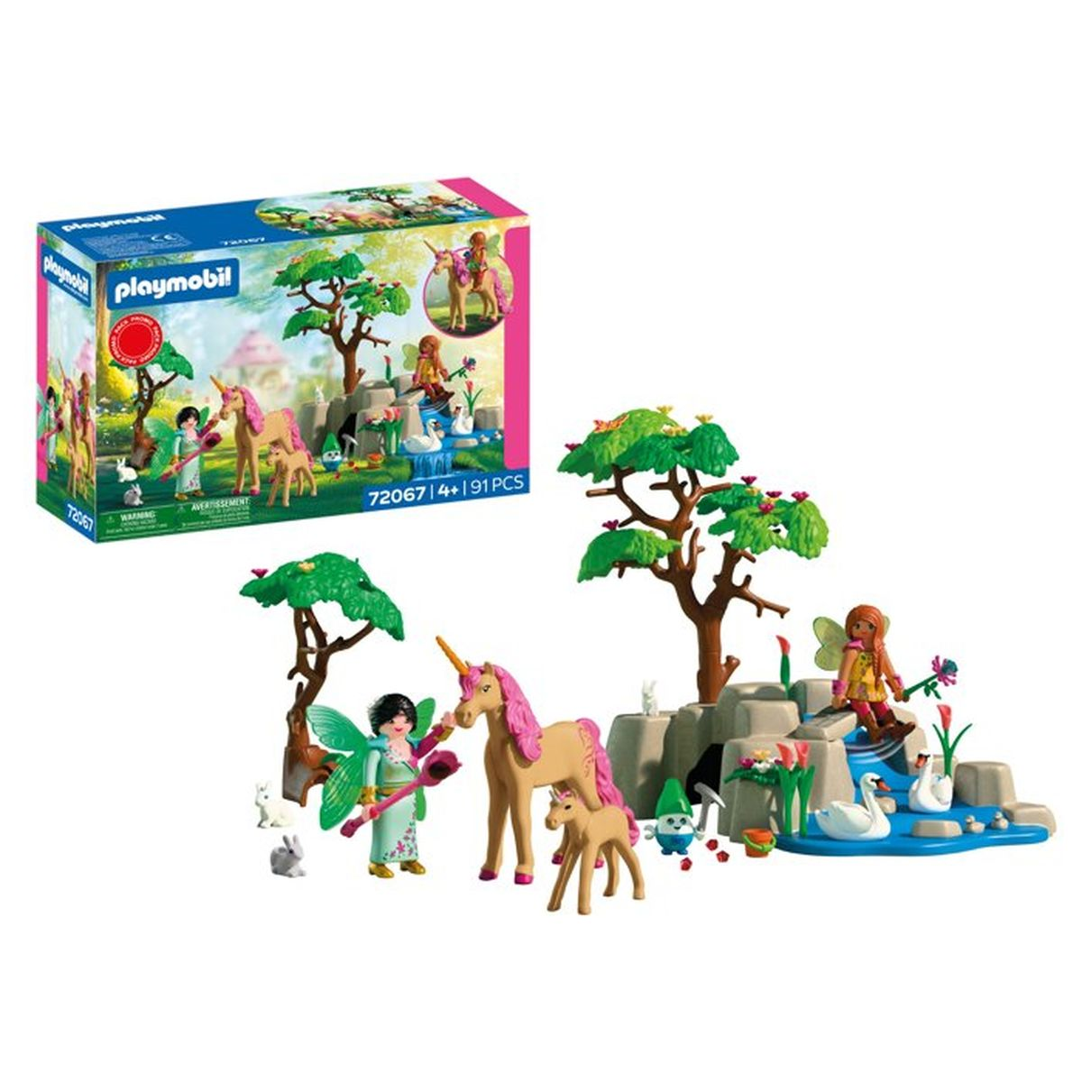 Set Playmobil con hadas, unicornios, cisnes y conejos en escena de bosque.