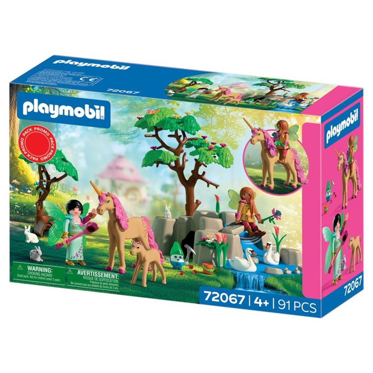 Set de Playmobil con hadas, unicornios, cisnes y árboles.