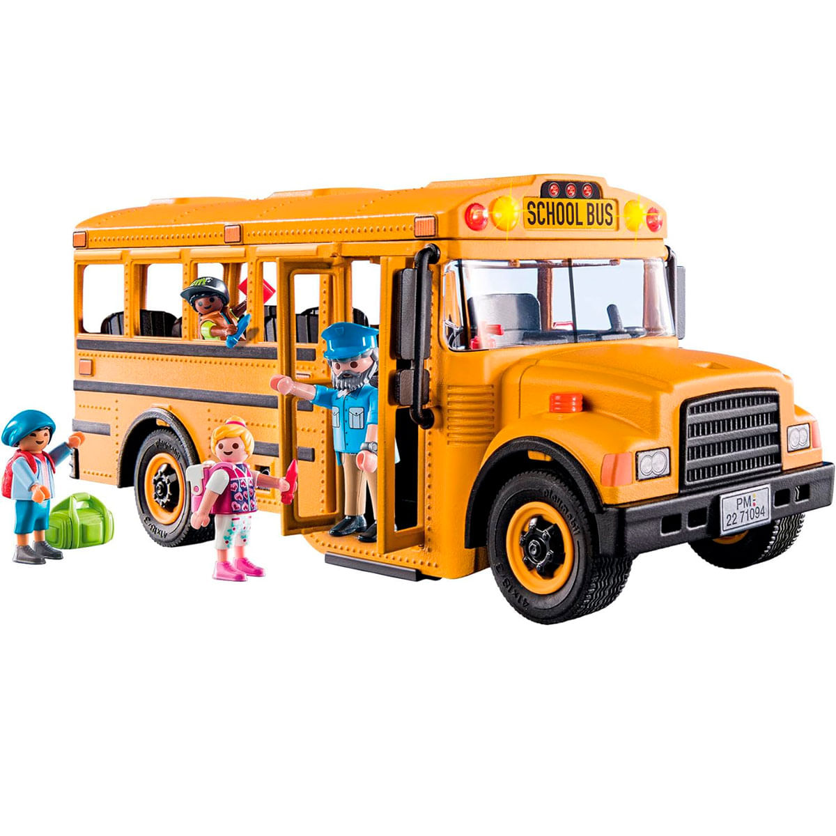 Un autobús escolar amarillo con niños y conductor. Uno sube, otro espera.