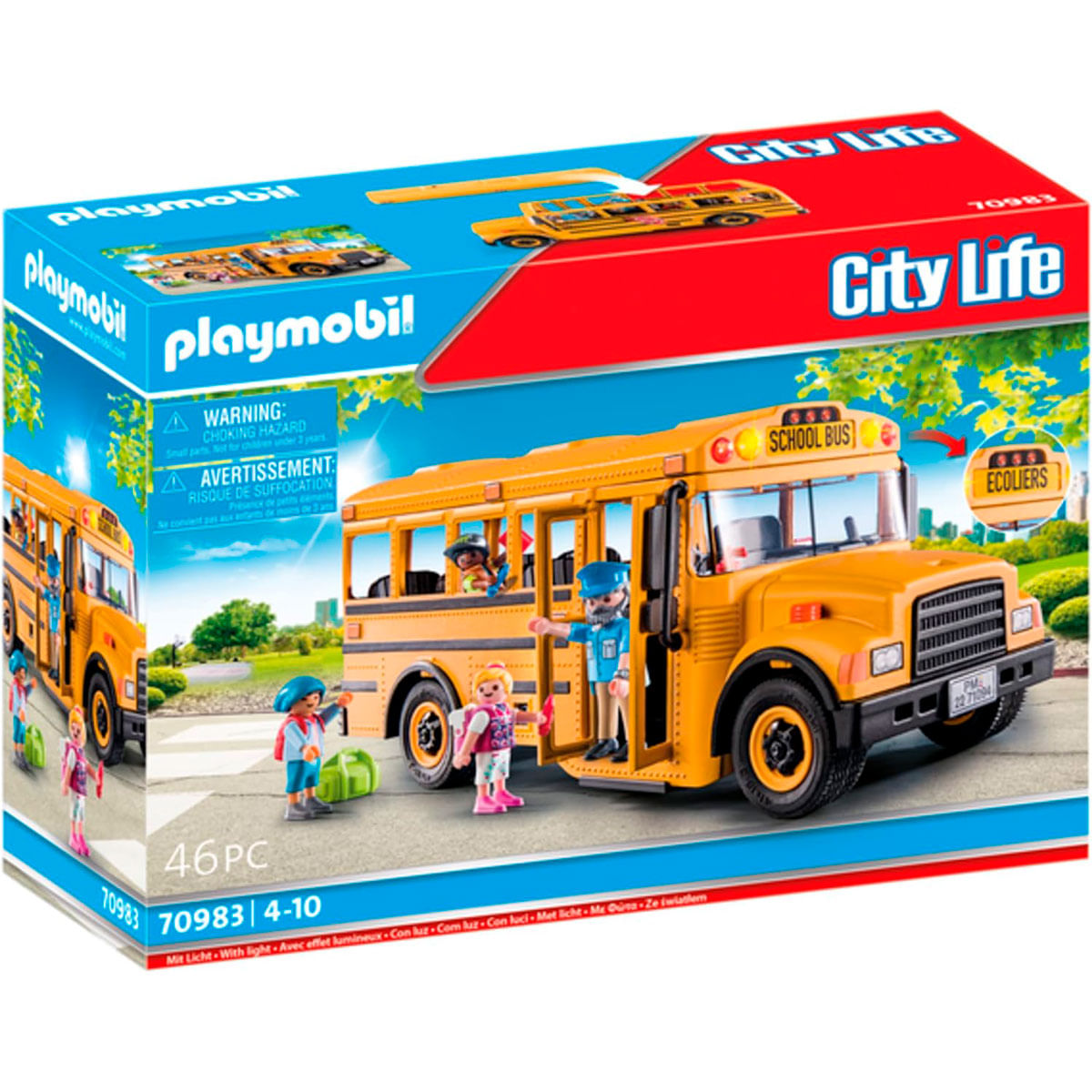 Juguete de autobús escolar Playmobil con figuras y accesorios sobre una caja.