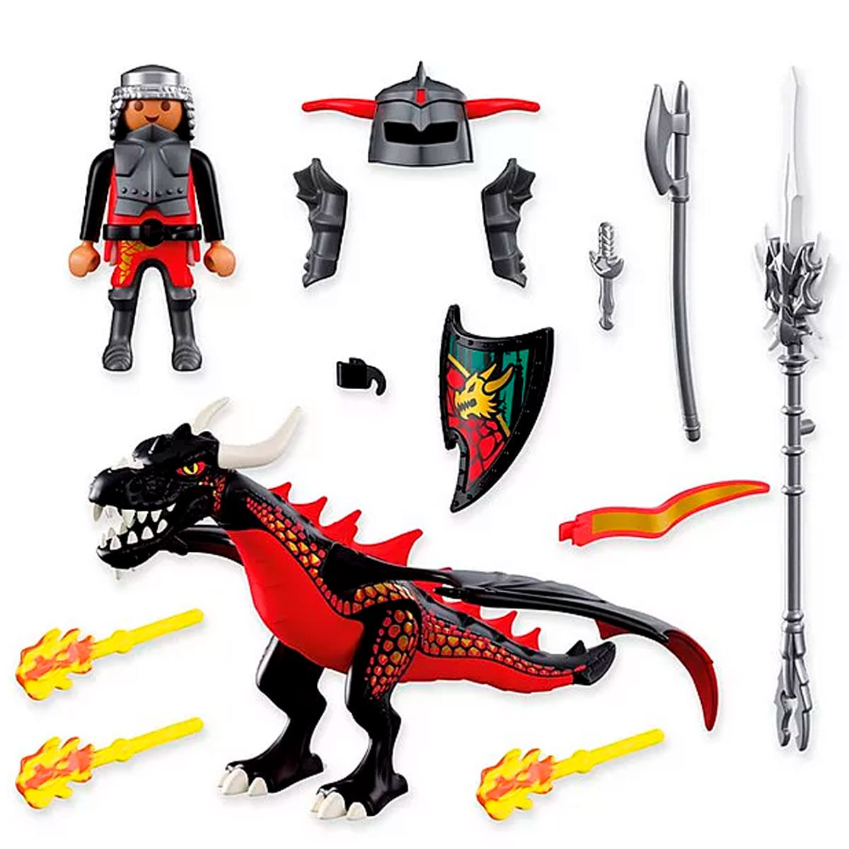 Un caballero, un dragón, armadura, armas y llamas sobre fondo blanco.