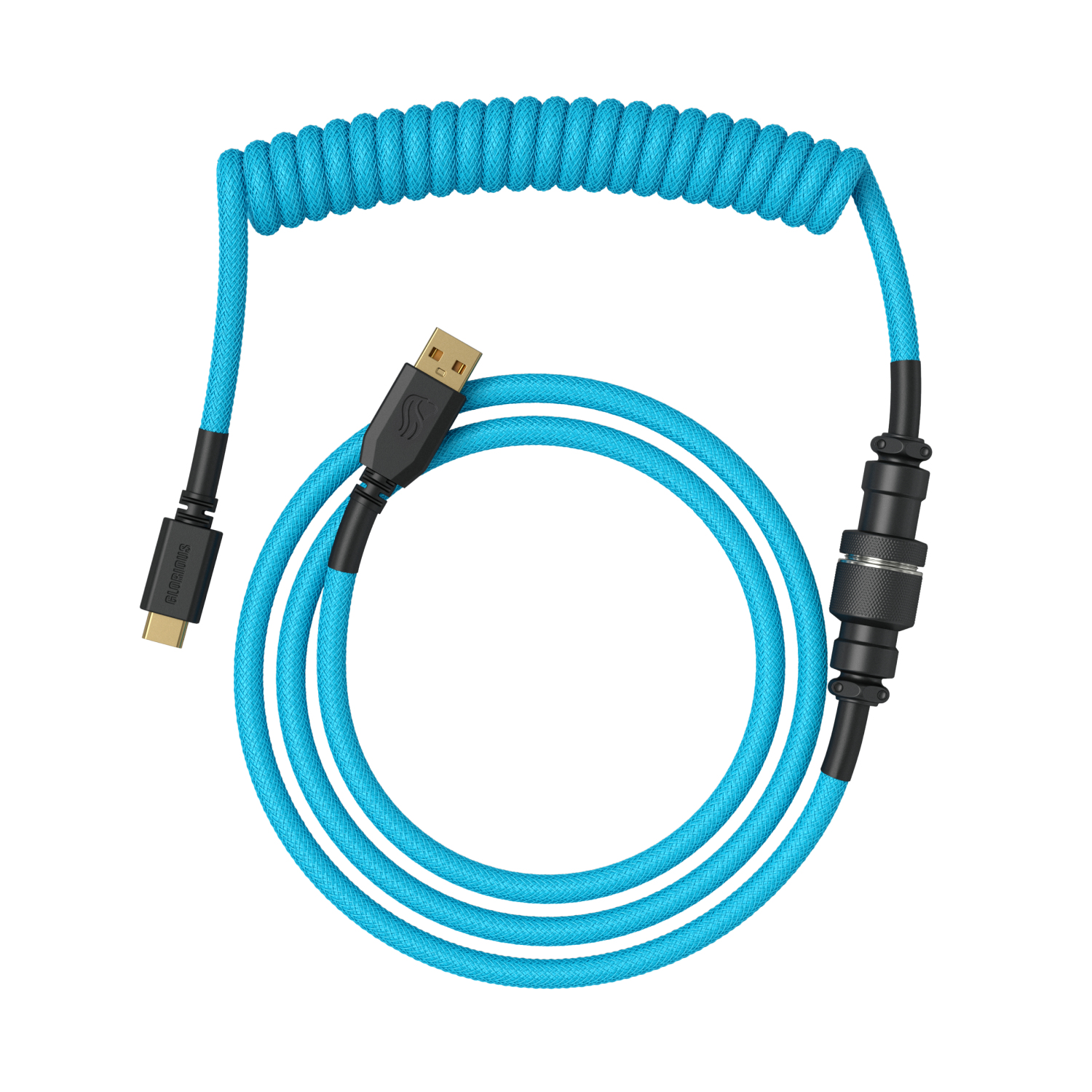 Beyaz arka planda USB-A ve USB-C konektörlü mavi sarmal kablo.