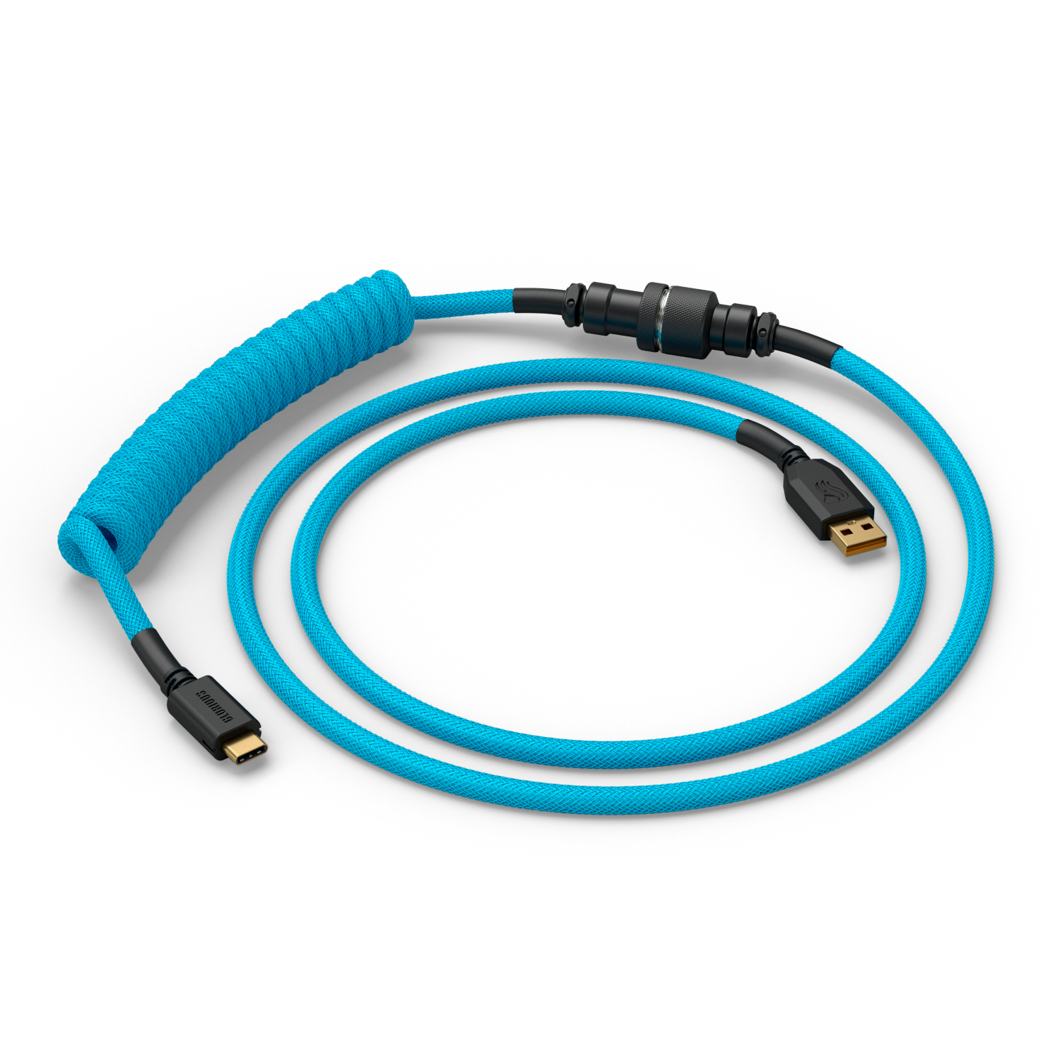 Siyah konektörlü ve gümüş orta konektörlü, sarmal parlak mavi USB-C - USB-A kablosu.